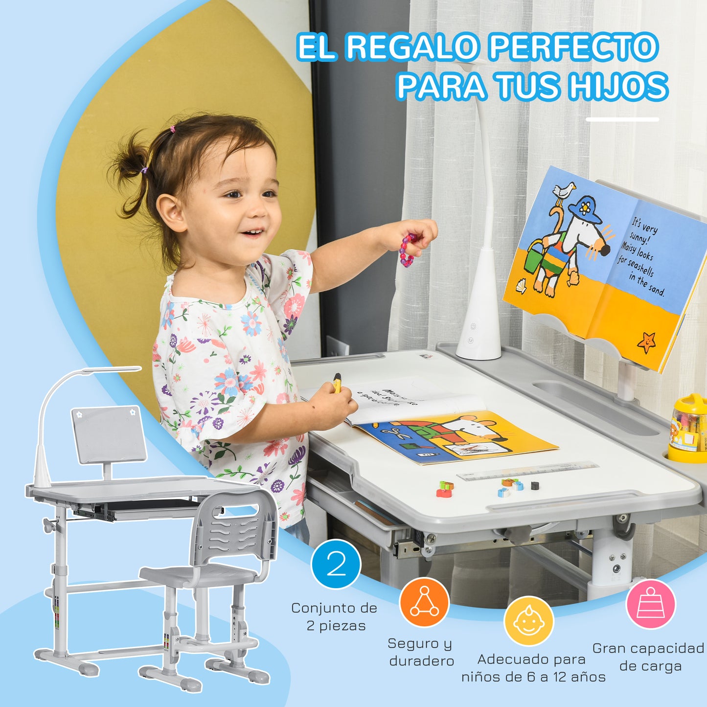 HOMCOM Juego de Escritorio y Silla para Niños de +6 Años Pupitre Infantil con Altura Ajustable Mesa Inclinable Cajón Lámpara LED y Portalápices 80x49,5x82-104 cm y 35,5x43,5x63-73 cm Gris