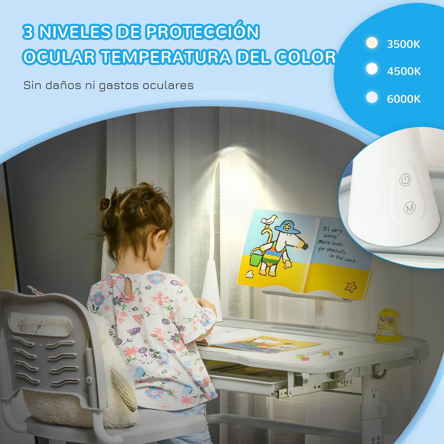 HOMCOM Juego de Escritorio y Silla para Niños de +6 Años Pupitre Infantil con Altura Ajustable Mesa Inclinable Cajón Lámpara LED y Portalápices 80x49,5x82-104 cm y 35,5x43,5x63-73 cm Gris