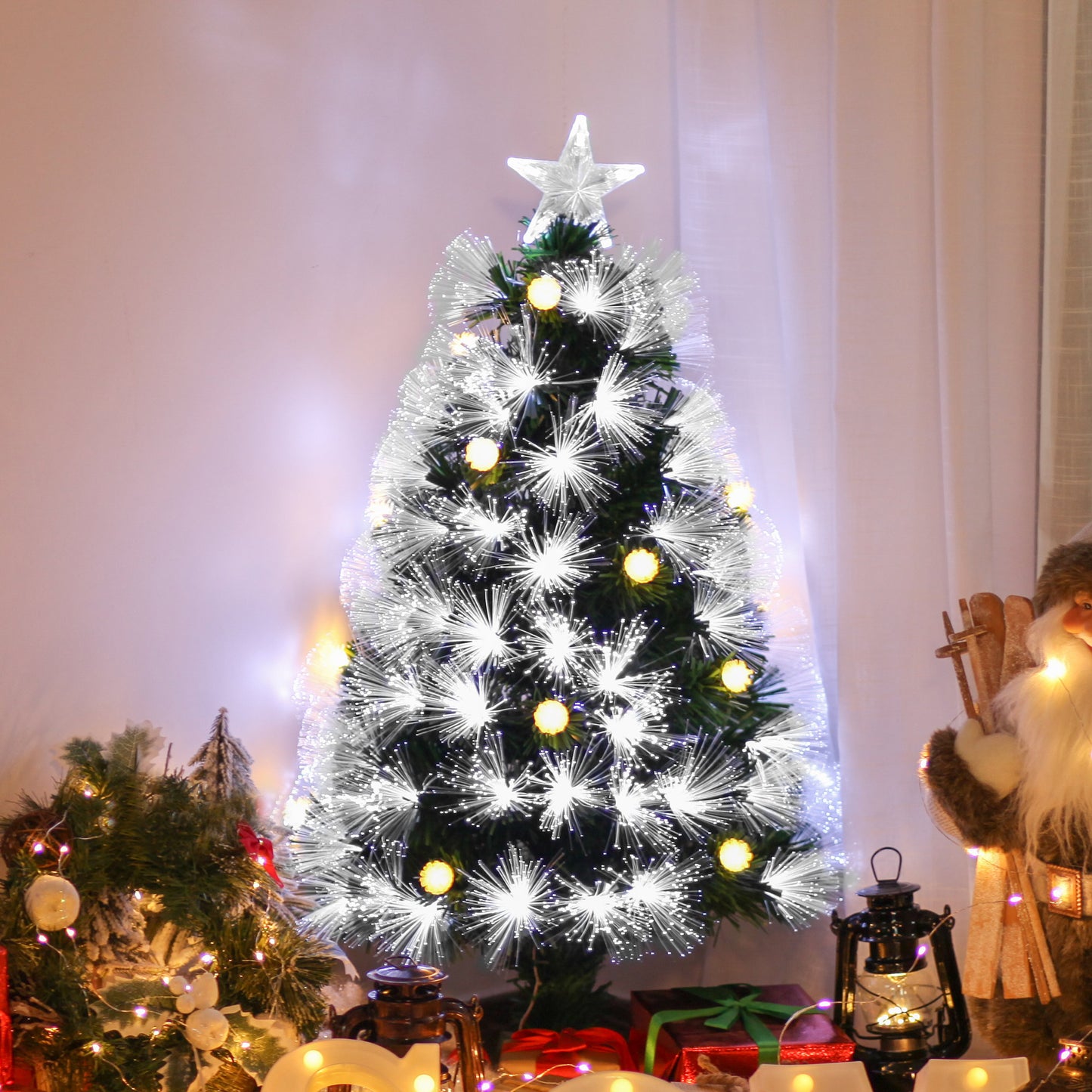 HOMCOM Árbol de Navidad 90 cm Árbol de Navidad con Fibra Óptica Árbol de Navidad Artificial con 90 Luces LED y 90 Ramas para Interior Verde y Blanco