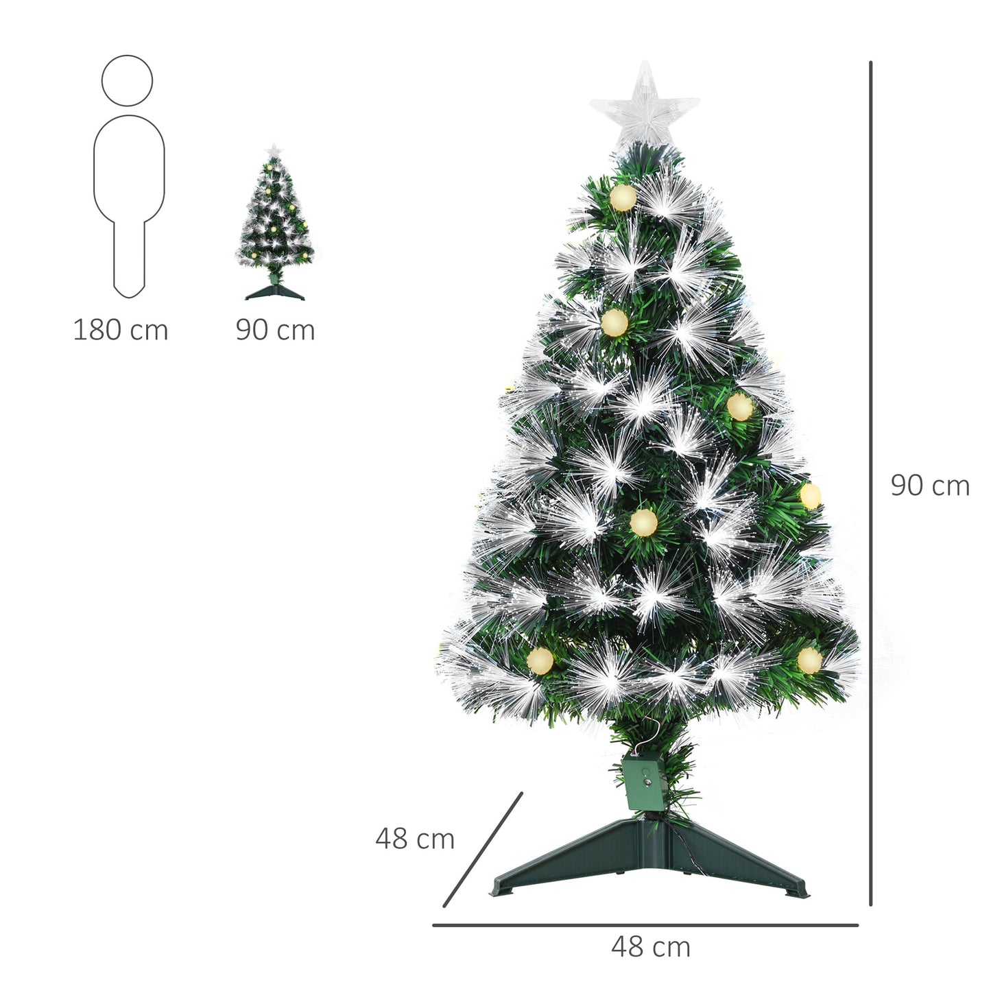 HOMCOM Árbol de Navidad 90 cm Árbol de Navidad con Fibra Óptica Árbol de Navidad Artificial con 90 Luces LED y 90 Ramas para Interior Verde y Blanco