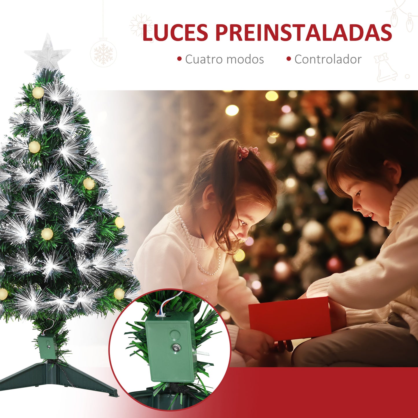 HOMCOM Árbol de Navidad 90 cm Árbol de Navidad con Fibra Óptica Árbol de Navidad Artificial con 90 Luces LED y 90 Ramas para Interior Verde y Blanco