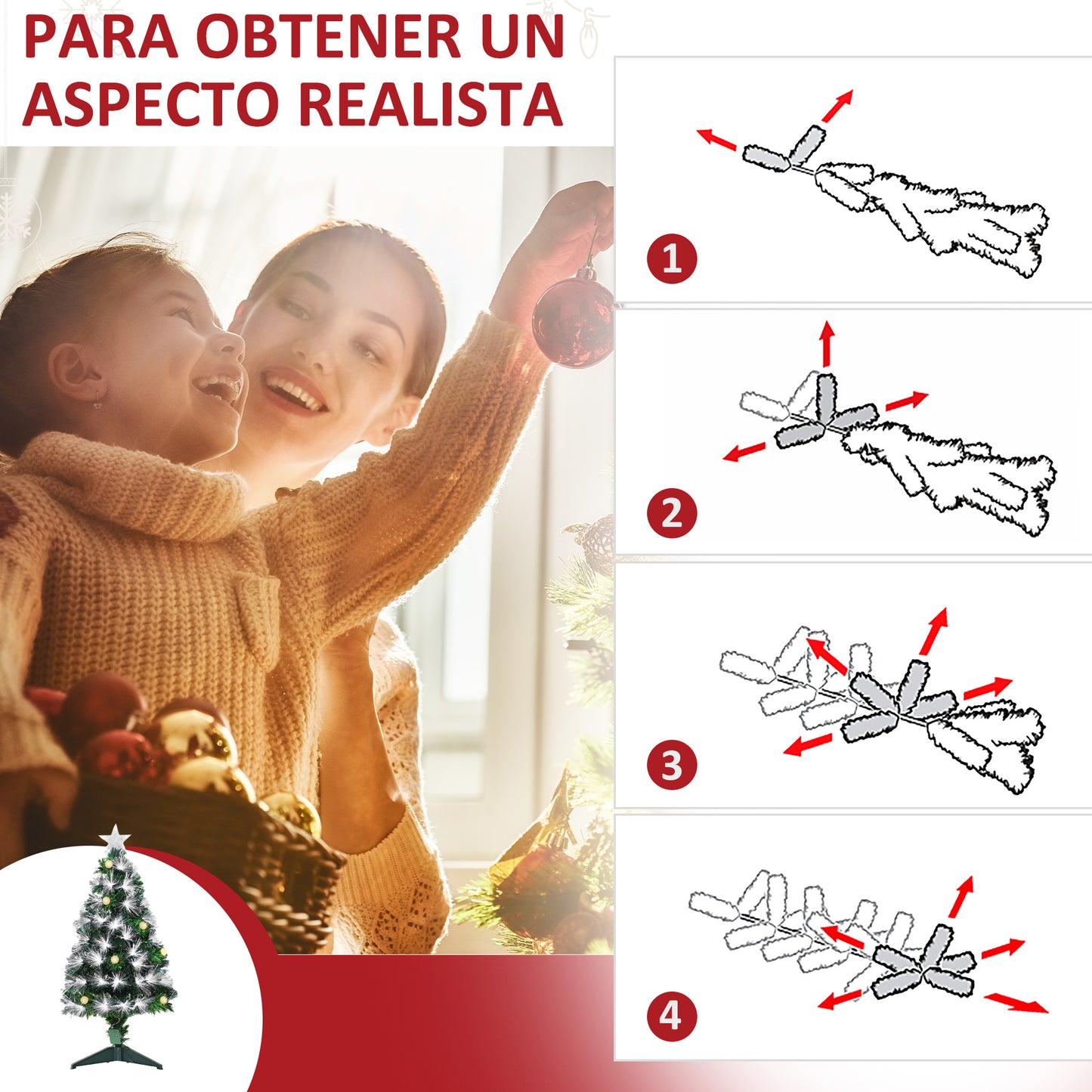 HOMCOM Árbol de Navidad 90 cm Árbol de Navidad con Fibra Óptica Árbol de Navidad Artificial con 90 Luces LED y 90 Ramas para Interior Verde y Blanco