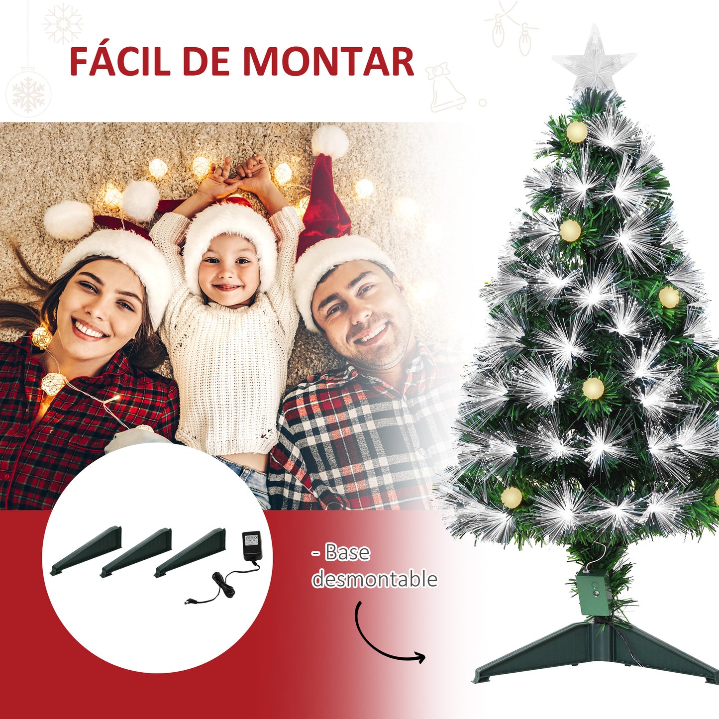 HOMCOM Árbol de Navidad 90 cm Árbol de Navidad con Fibra Óptica Árbol de Navidad Artificial con 90 Luces LED y 90 Ramas para Interior Verde y Blanco