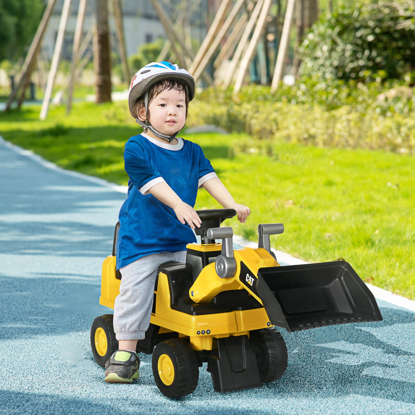 HOMCOM Tractor Correpasillos con Licencia Caterpillar Excavadora para Niños de 18 a 36 Meses con Pala Delantera y Bocina Carga 25 kg 78x29,5x54 cm Amarillo