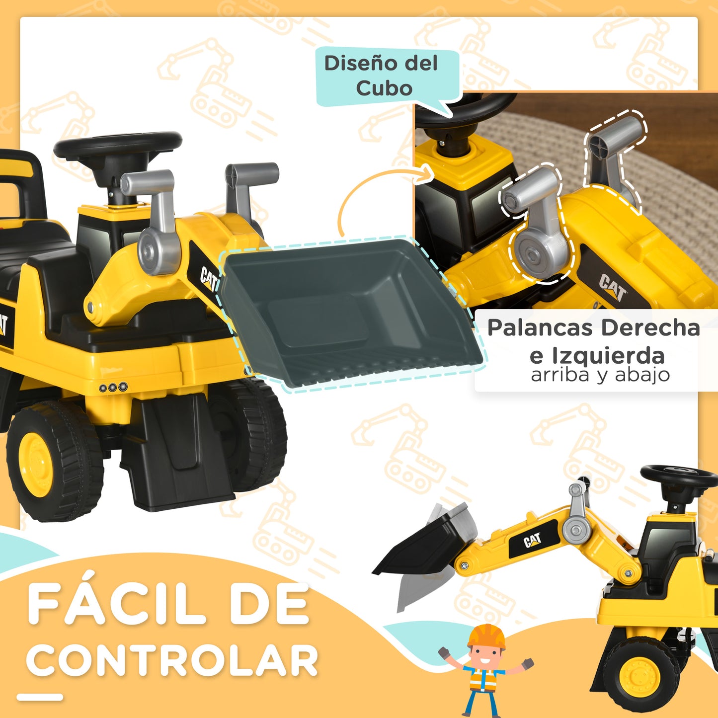 HOMCOM Tractor Correpasillos con Licencia Caterpillar Excavadora para Niños de 18 a 36 Meses con Pala Delantera y Bocina Carga 25 kg 78x29,5x54 cm Amarillo