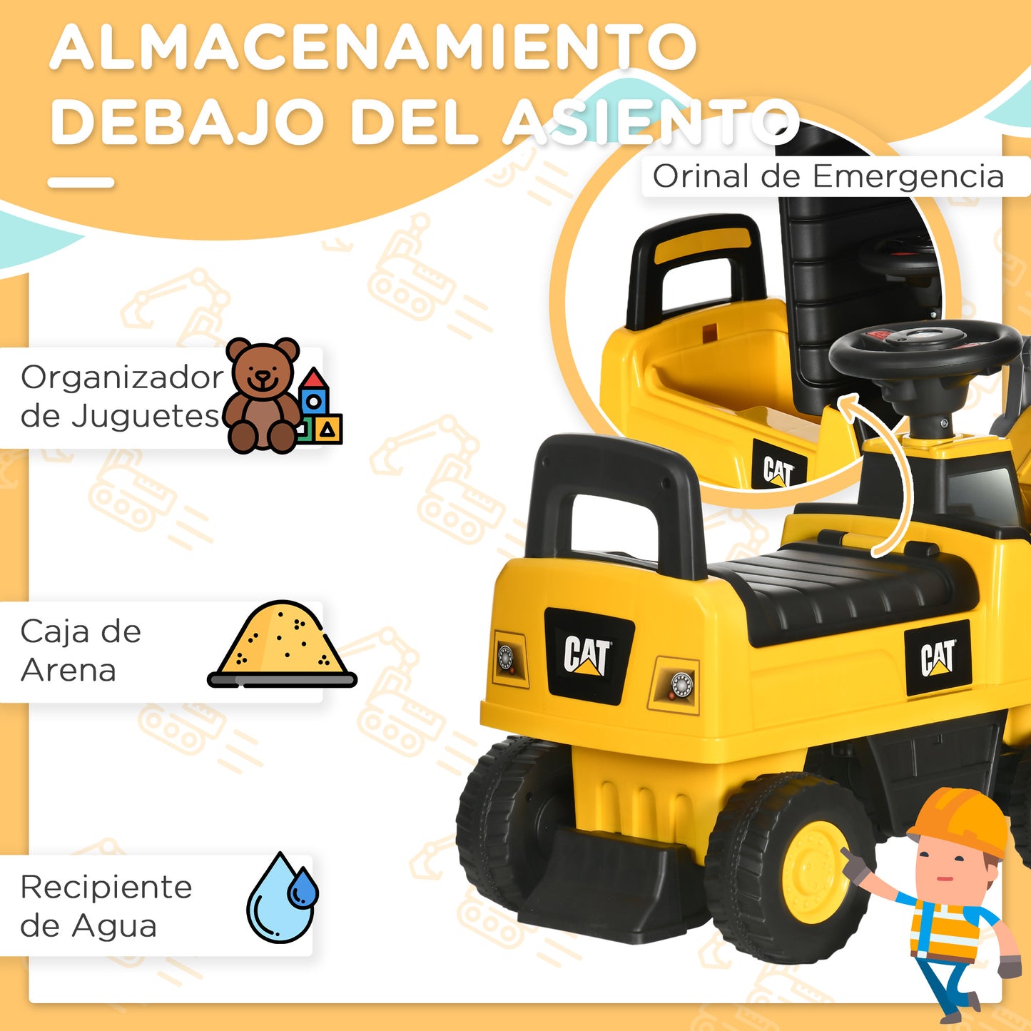 HOMCOM Tractor Correpasillos con Licencia Caterpillar Excavadora para Niños de 18 a 36 Meses con Pala Delantera y Bocina Carga 25 kg 78x29,5x54 cm Amarillo