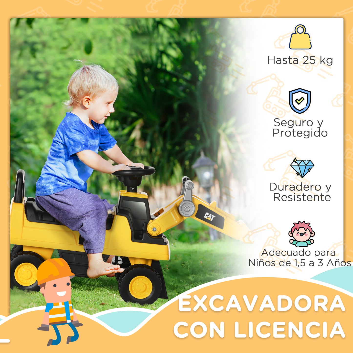 HOMCOM Tractor Correpasillos con Licencia Caterpillar Excavadora para Niños de 18 a 36 Meses con Pala Delantera y Bocina Carga 25 kg 78x29,5x54 cm Amarillo