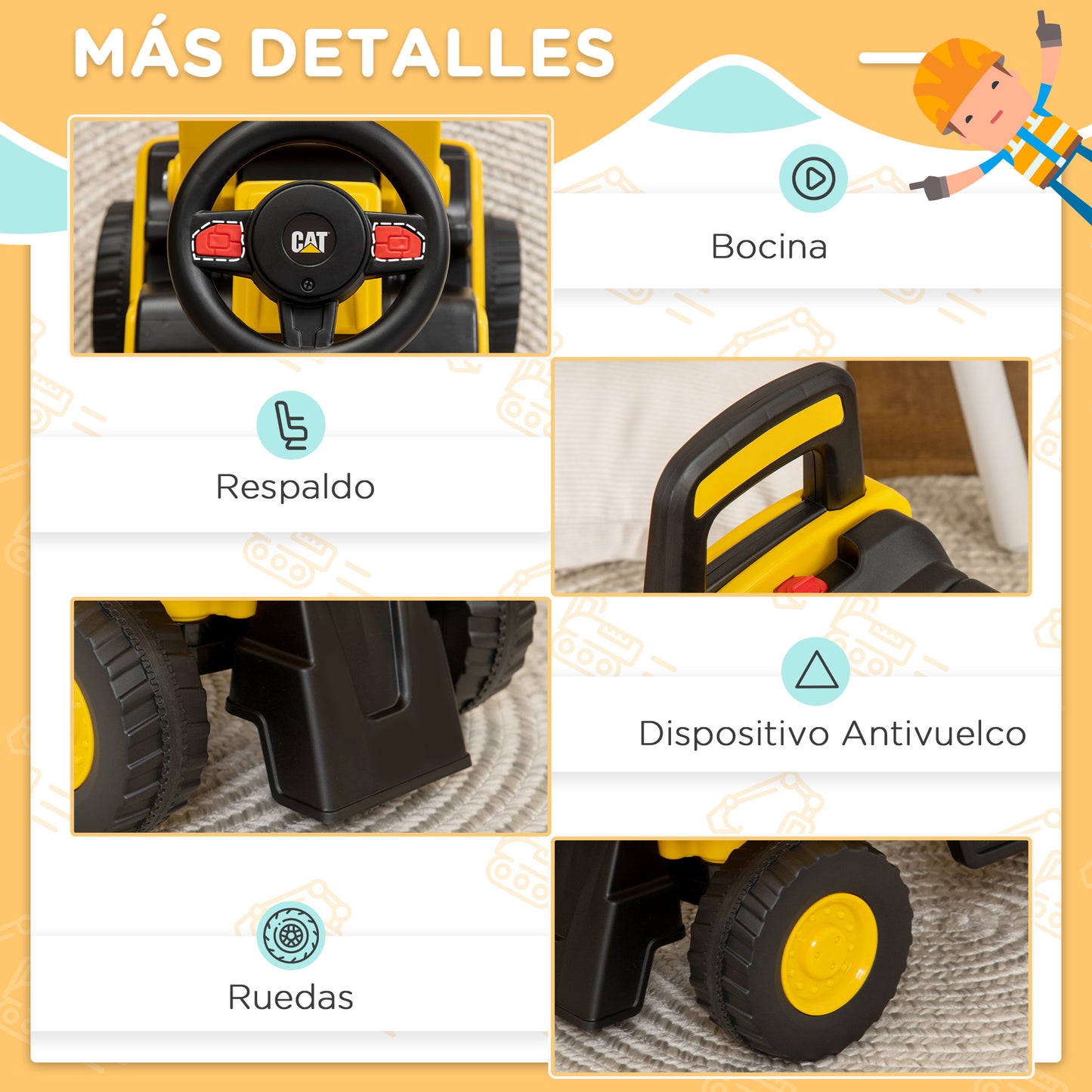 HOMCOM Tractor Correpasillos con Licencia Caterpillar Excavadora para Niños de 18 a 36 Meses con Pala Delantera y Bocina Carga 25 kg 78x29,5x54 cm Amarillo