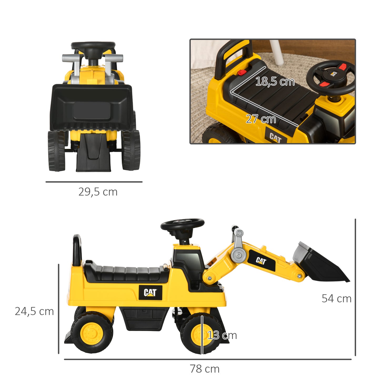 HOMCOM Tractor Correpasillos con Licencia Caterpillar Excavadora para Niños de 18 a 36 Meses con Pala Delantera y Bocina Carga 25 kg 78x29,5x54 cm Amarillo