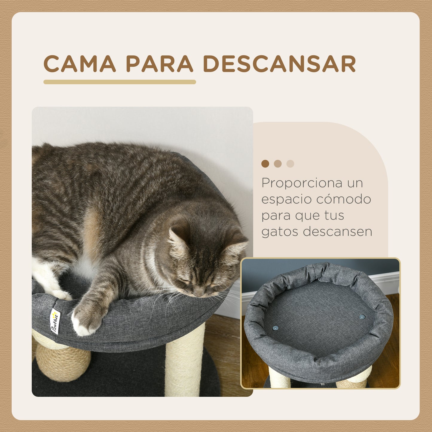 PawHut Árbol Rascador para Gatos Pequeño Torre para Gatos Centro de Actividades para Gatitos con Nido 4 Bolas y Poste de Sisal Carga 15 kg Ø40x48 cm Gris y Beige