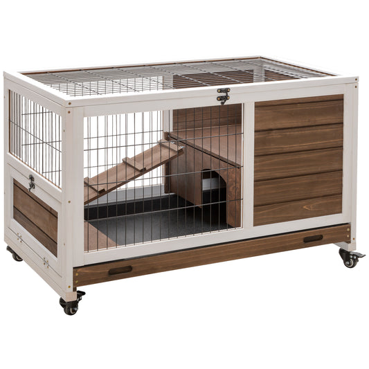 PawHut Jaula para Conejos de Madera Conejera para Mascotas Pequeñas Portátil Interior con Techo Abrible Rampa Bandeja Extraíble para Conejillos de Indias 90x53x59 cm Marrón