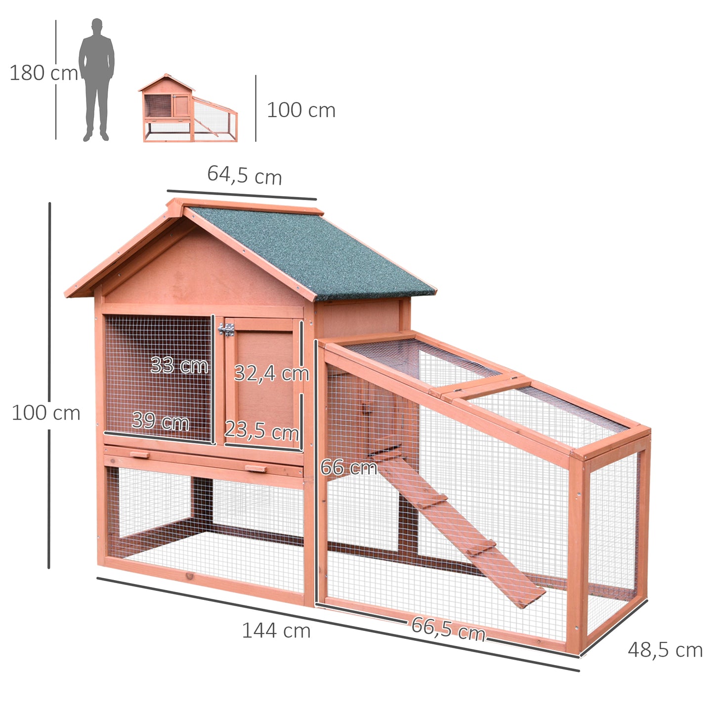 PawHut Conejera de Exterior Hecha de Madera Jaula para Conejos Dos Niveles con Techo Puerta y Ventana Bandeja Extraíble y Lavable Alta Comodidad Gran Espacio 144x64.5x100cm