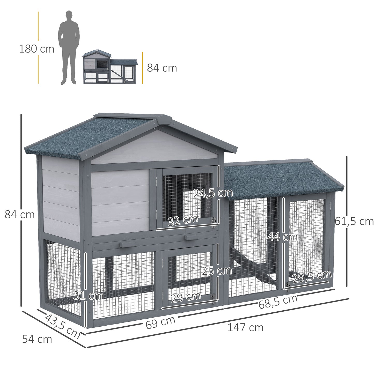 PawHut Conejera Madera de Exterior Jaula para Conejo con Bandeja Extraíble Rampa Antideslizante Incorporadas Puertas Gran Espacio de Actividades 147x54x84 cm Gris