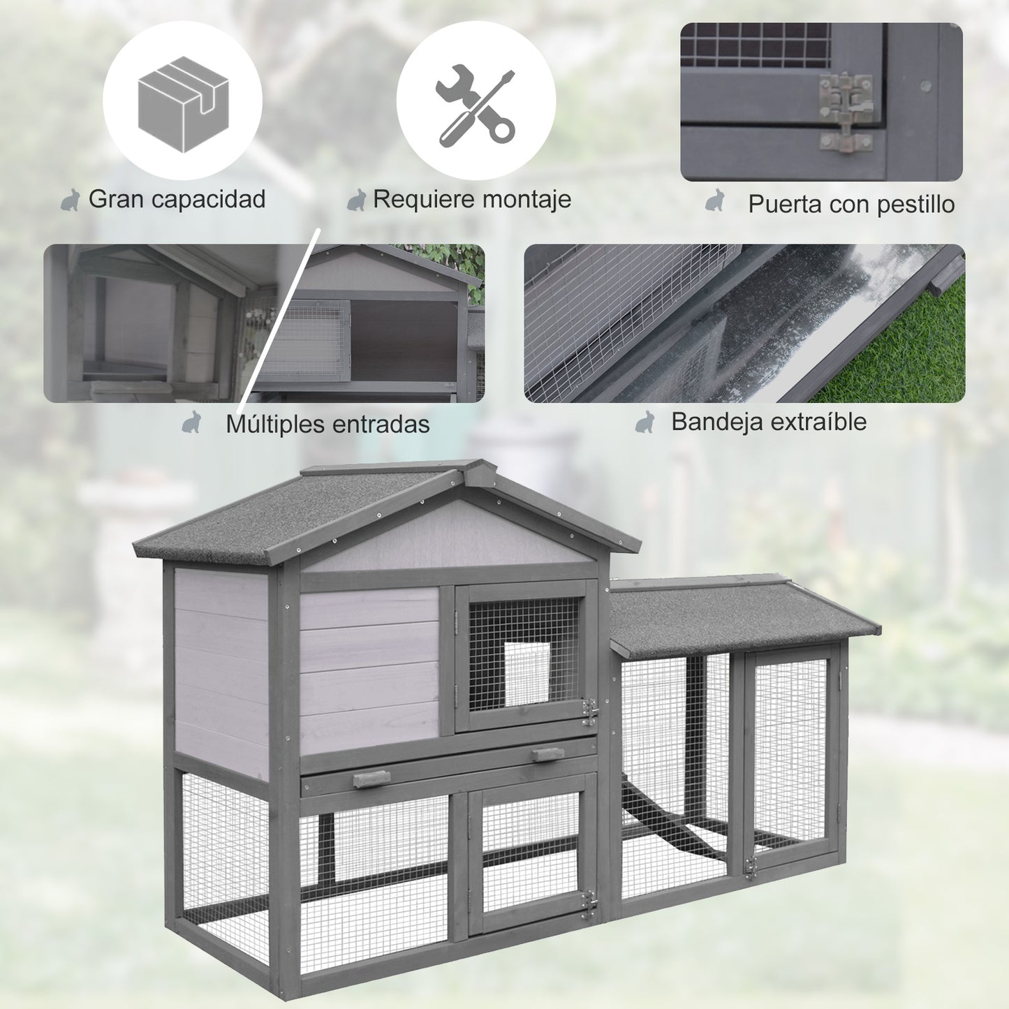 PawHut Conejera Madera de Exterior Jaula para Conejo con Bandeja Extraíble Rampa Antideslizante Incorporadas Puertas Gran Espacio de Actividades 147x54x84 cm Gris