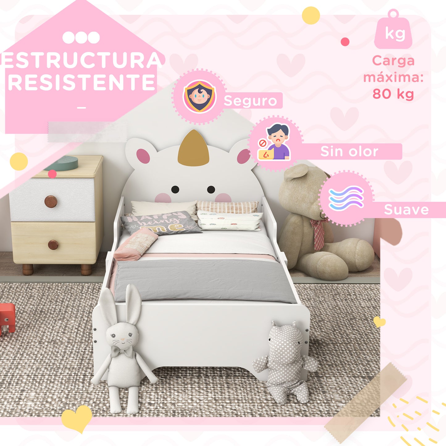 ZONEKIZ Cama para Niños de 3-6 Años 143x74x67 cm Cama Infantil de Madera en Forma de Unicornio Mueble de Dormitorio Moderno Carga 80 kg Blanco