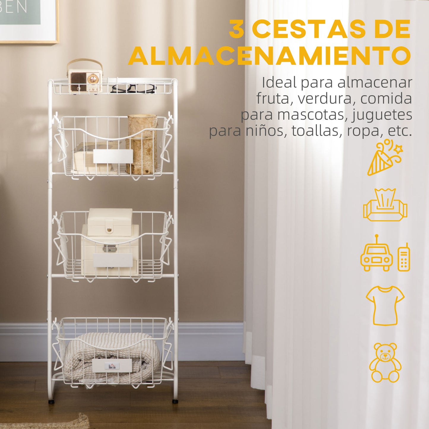 HOMCOM Cesta de Frutas y Verduras de 3 Niveles Organizador de Cestas Apilables de Acero con 3 Cestas Extraíbles para Cocina Salón Dormitorio 42,5x36,5x91 cm Blanco