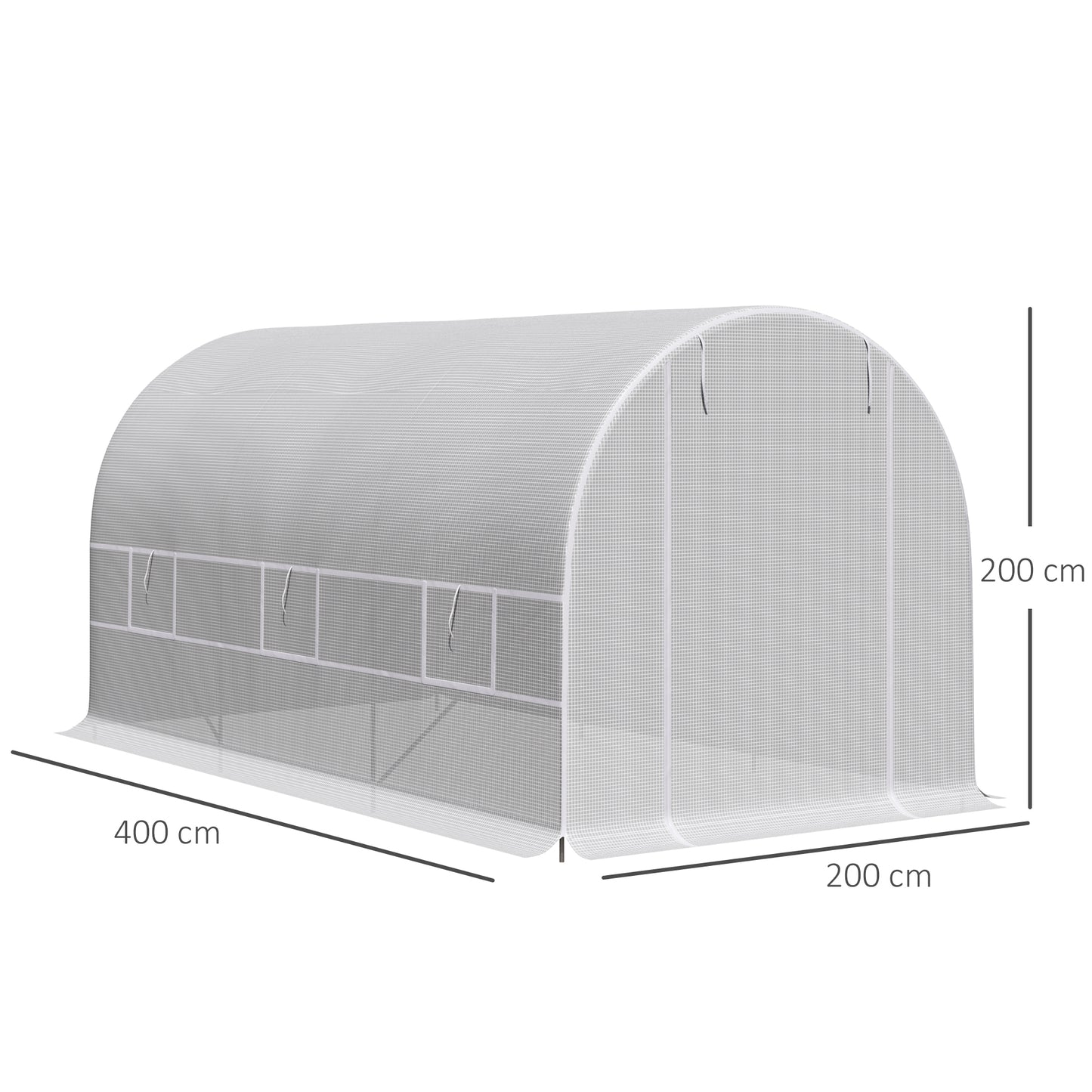 Outsunny Invernadero de Túnel 400x200x200 cm Invernadero de Jardín con Puerta Enrollable y Ventanas Múltiples Cubierta PE 140 g/m² Anti-UV Marco de Metal para Cultivo Plantas Verduras Blanco