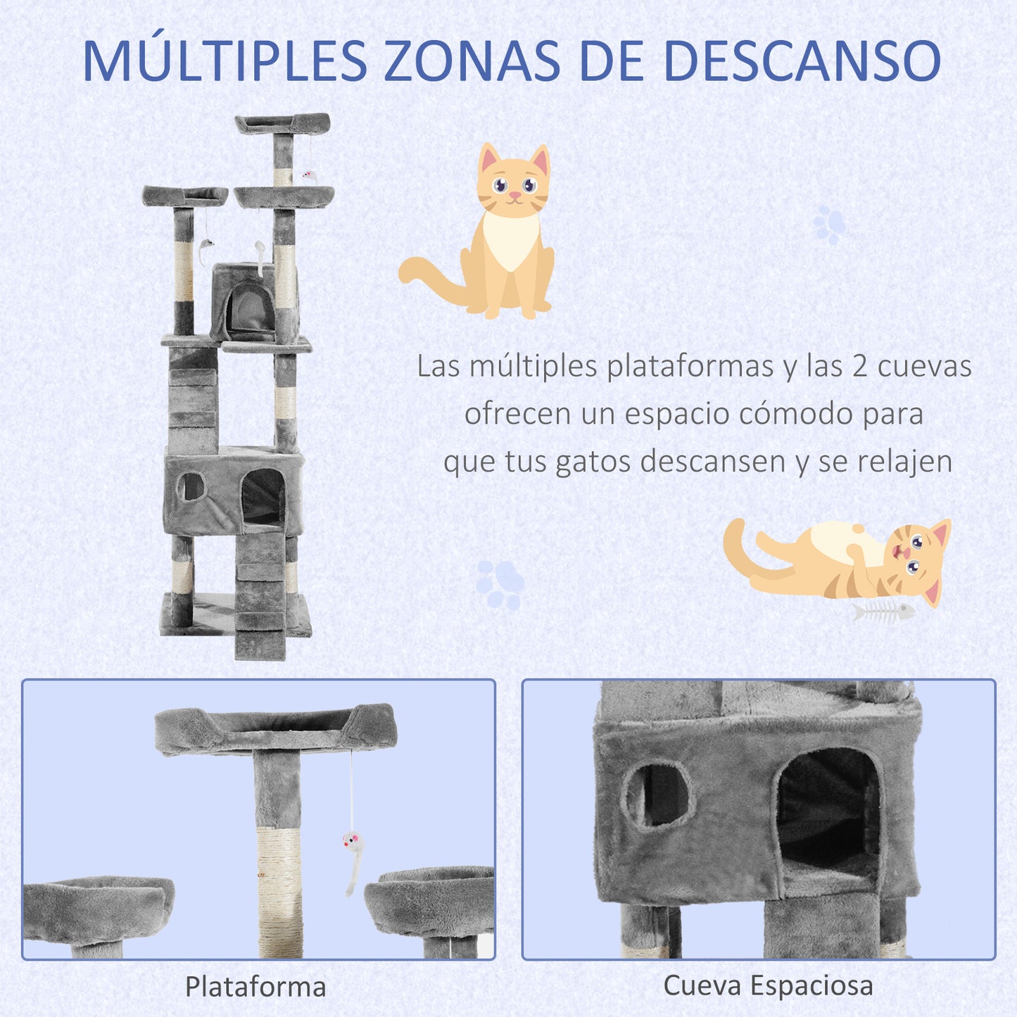 PawHut Árbol Rascador para Gatos Grande 49x49x173 cm con Múltiples Niveles con Cuevas Escaleras Juguetes Colgantes Camas Centro Actividades Sisal Gris