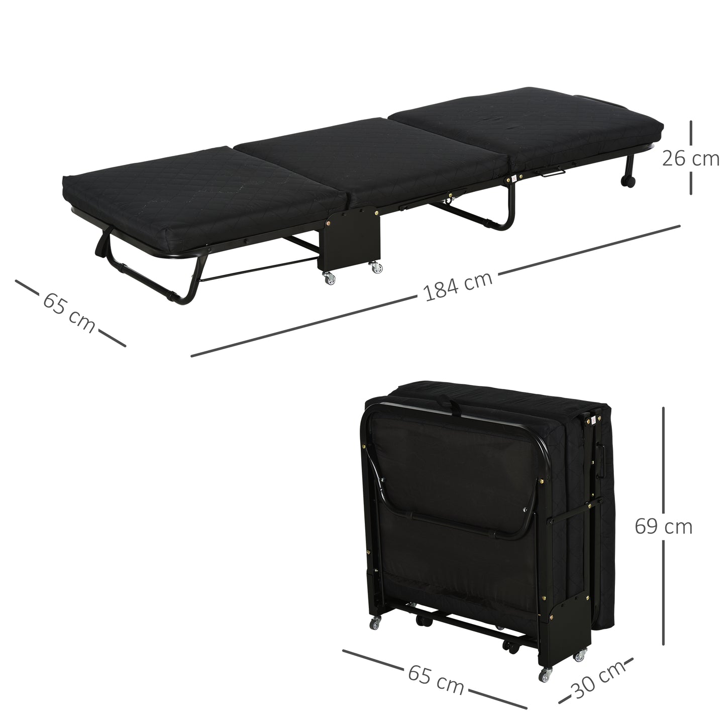 HOMCOM Cama Plegable 184x65 cm Cama Abatible con Cabecera Ajustable en 5 Niveles Ruedas Universales y Estructura de Metal Carga Máx. 120 kg Negro