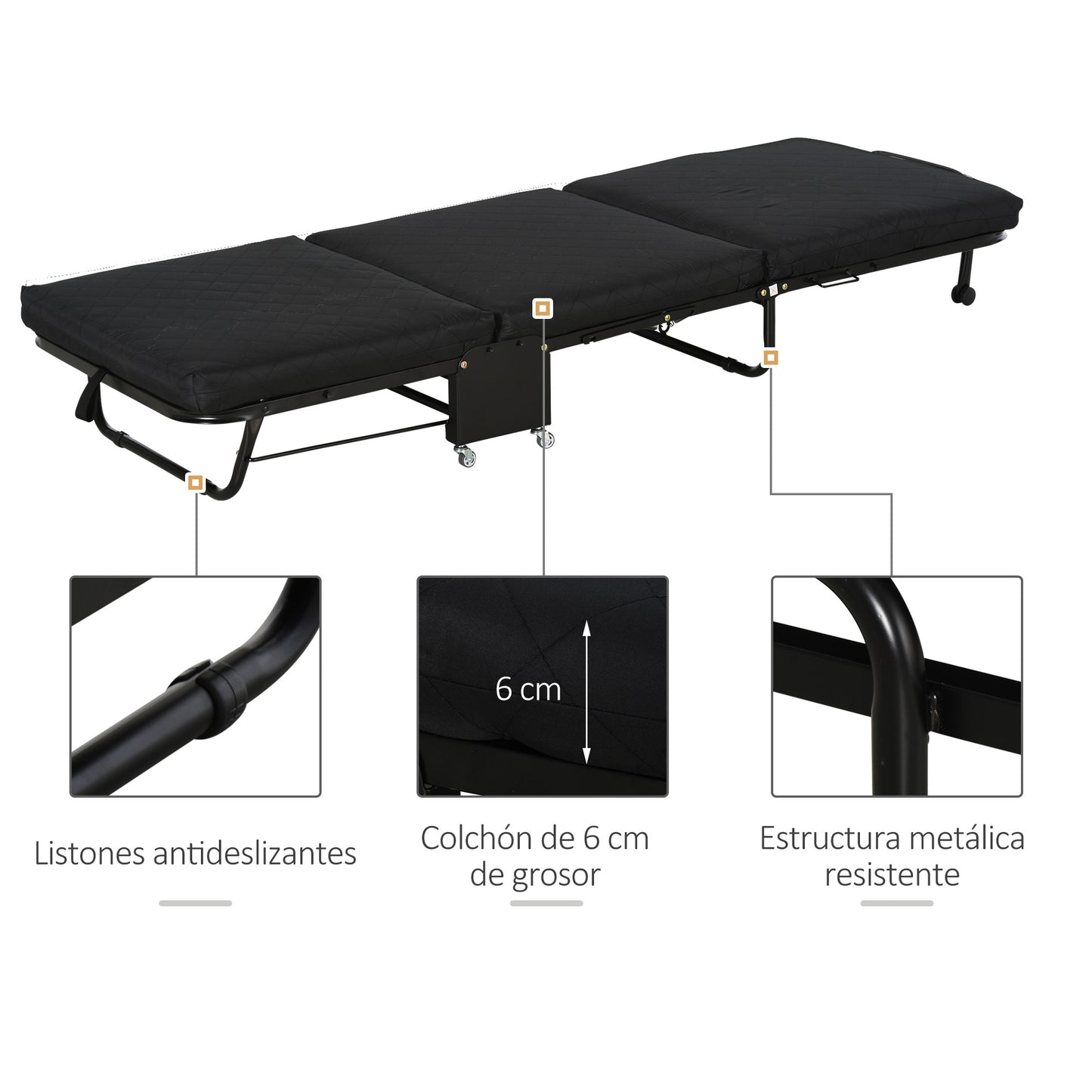 HOMCOM Cama Plegable 184x65 cm Cama Abatible con Cabecera Ajustable en 5 Niveles Ruedas Universales y Estructura de Metal Carga Máx. 120 kg Negro