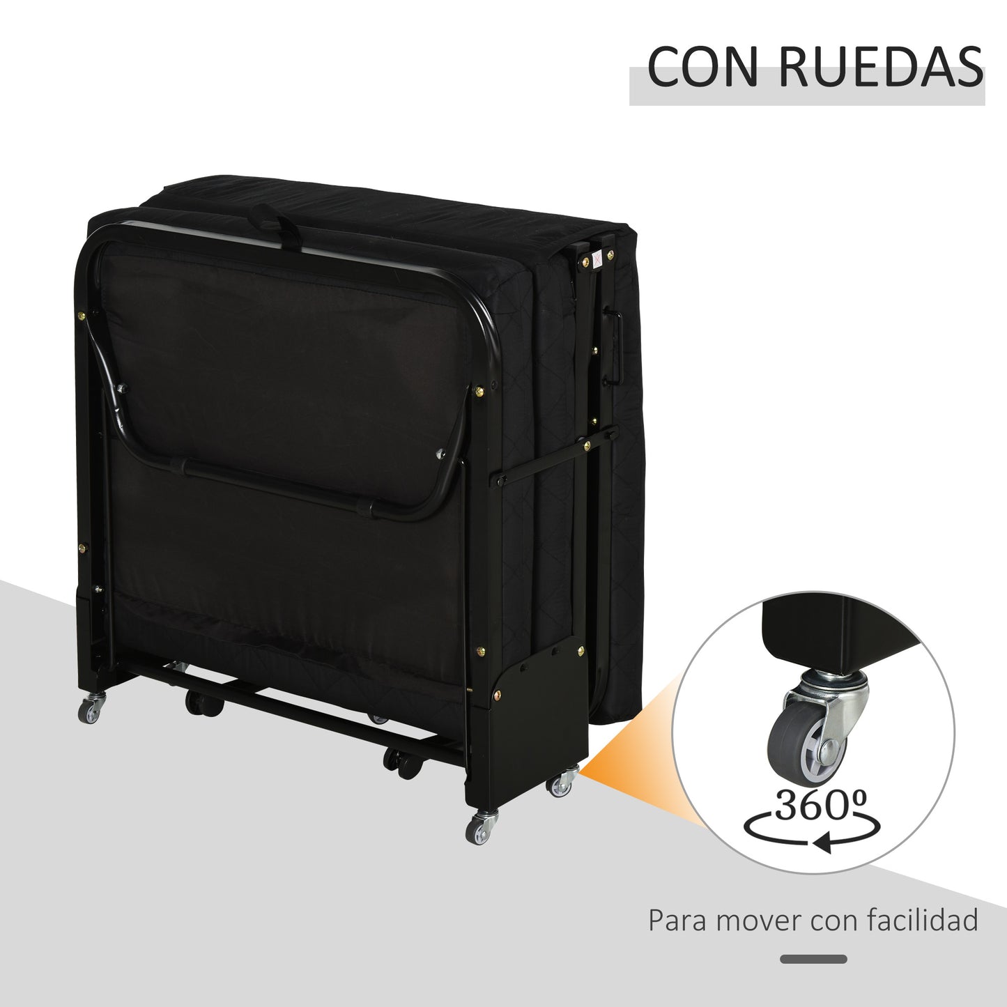 HOMCOM Cama Plegable 184x65 cm Cama Abatible con Cabecera Ajustable en 5 Niveles Ruedas Universales y Estructura de Metal Carga Máx. 120 kg Negro