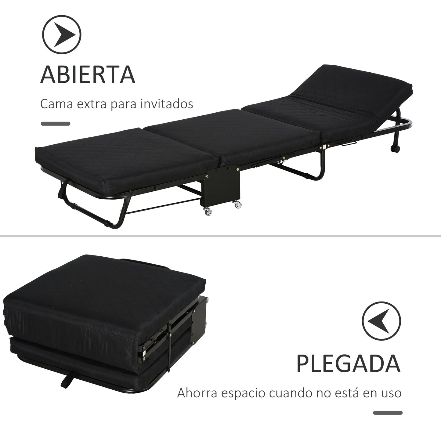 HOMCOM Cama Plegable 184x65 cm Cama Abatible con Cabecera Ajustable en 5 Niveles Ruedas Universales y Estructura de Metal Carga Máx. 120 kg Negro