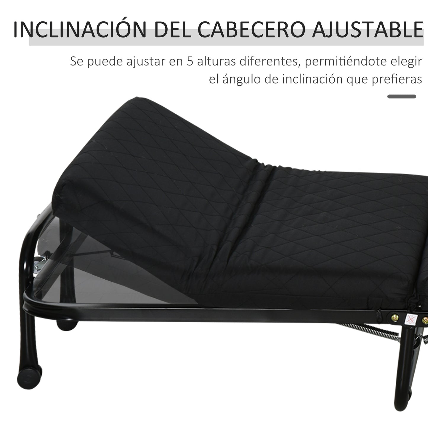 HOMCOM Cama Plegable 184x65 cm Cama Abatible con Cabecera Ajustable en 5 Niveles Ruedas Universales y Estructura de Metal Carga Máx. 120 kg Negro