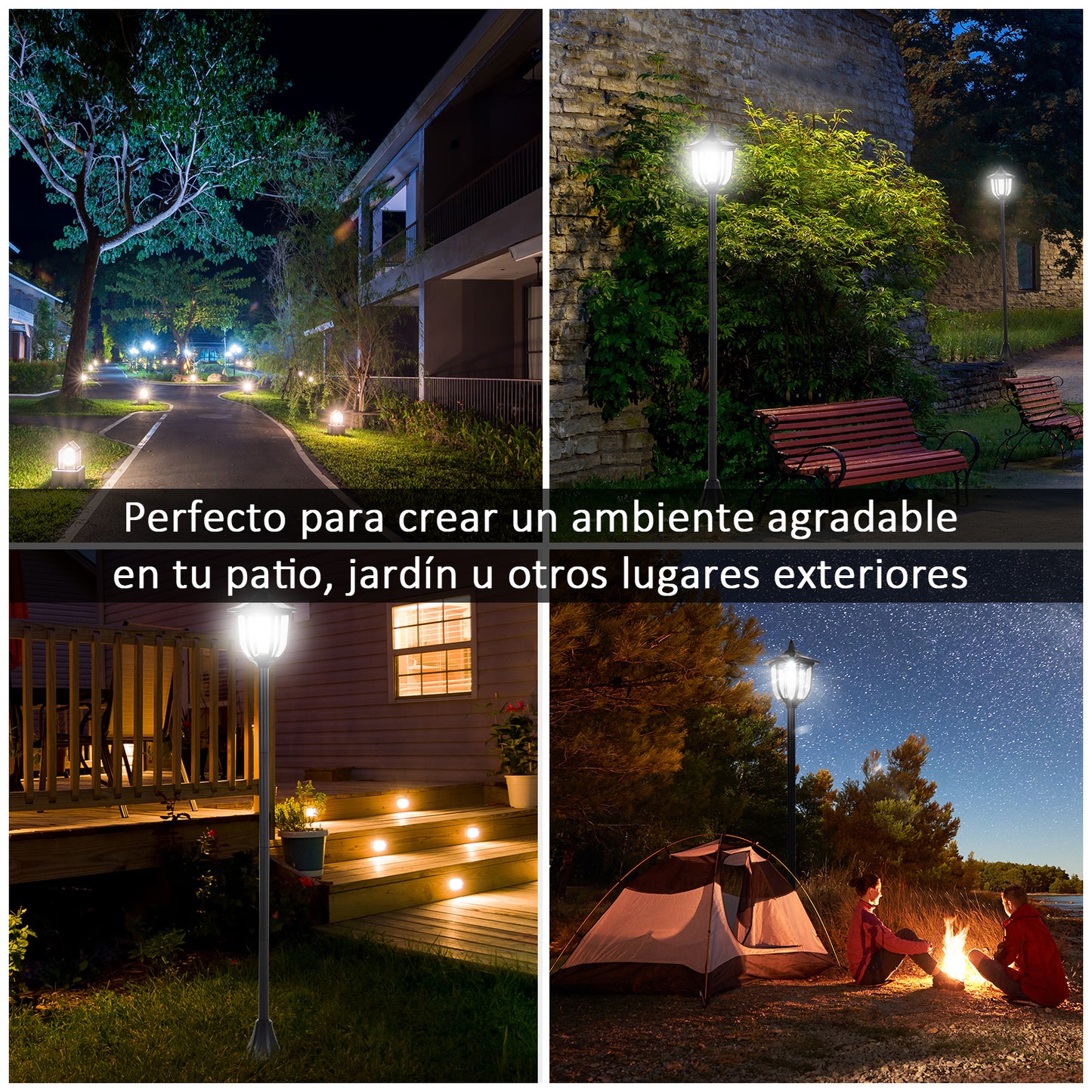 Outsunny Farola Solar con Panel Solar a Cargar Batería Protección al Ambiente 6 LED Perfecto para Noche Encendido Automático Autonomía de 6 Horas Instalar Fácil Negro Ø26,5 x 177cm