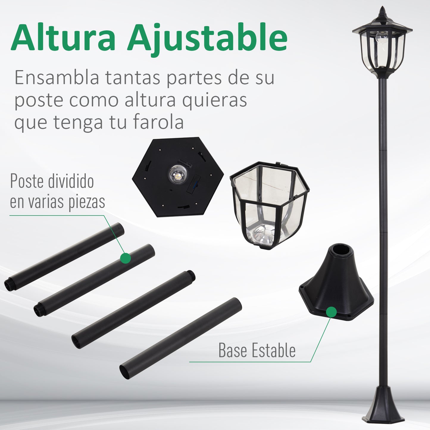 Outsunny Farola Solar con Panel Solar a Cargar Batería Protección al Ambiente 6 LED Perfecto para Noche Encendido Automático Autonomía de 6 Horas Instalar Fácil Negro Ø26,5 x 177cm