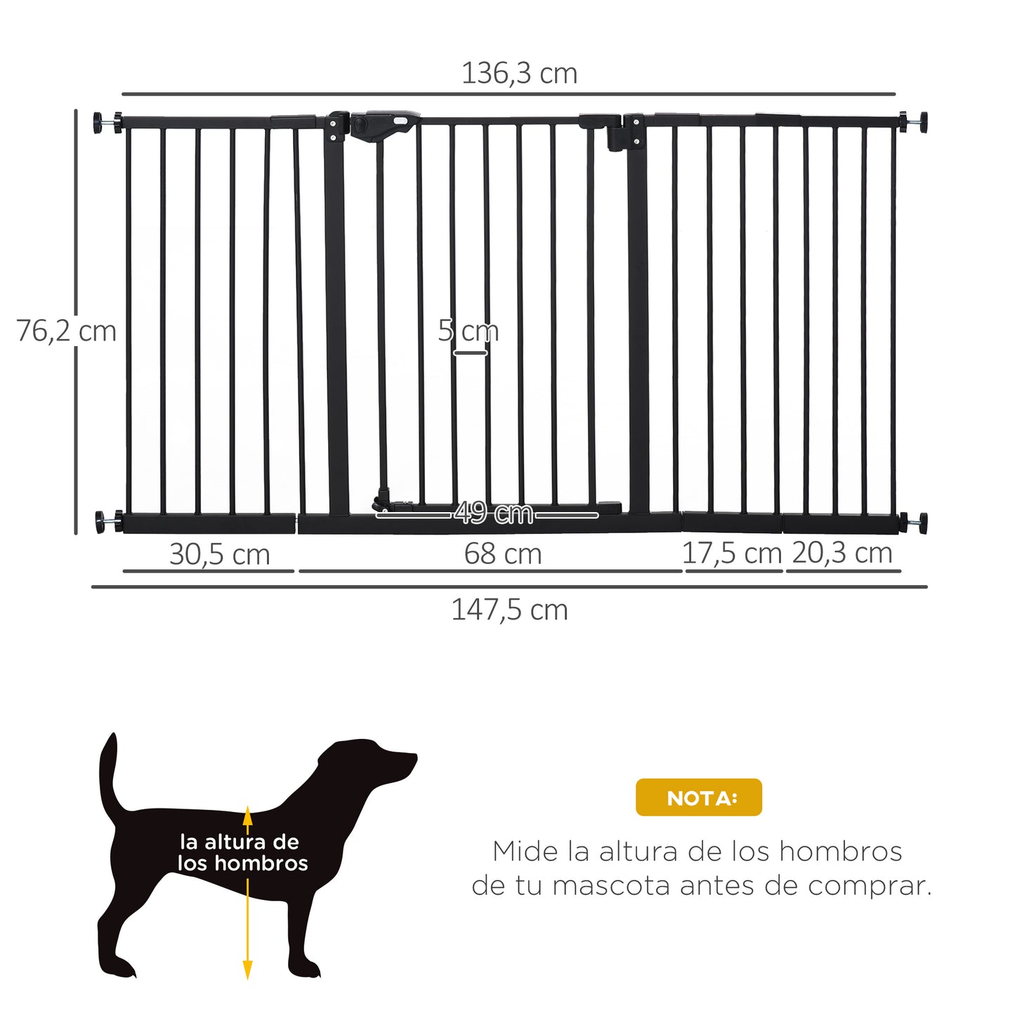 PawHut Barrera de Seguridad Extensible para Puertas y Escaleras Barrera para Perros con Cierre Automático y Sistema de Doble Bloqueo Metal 74-147,5x76,2 cm Negro