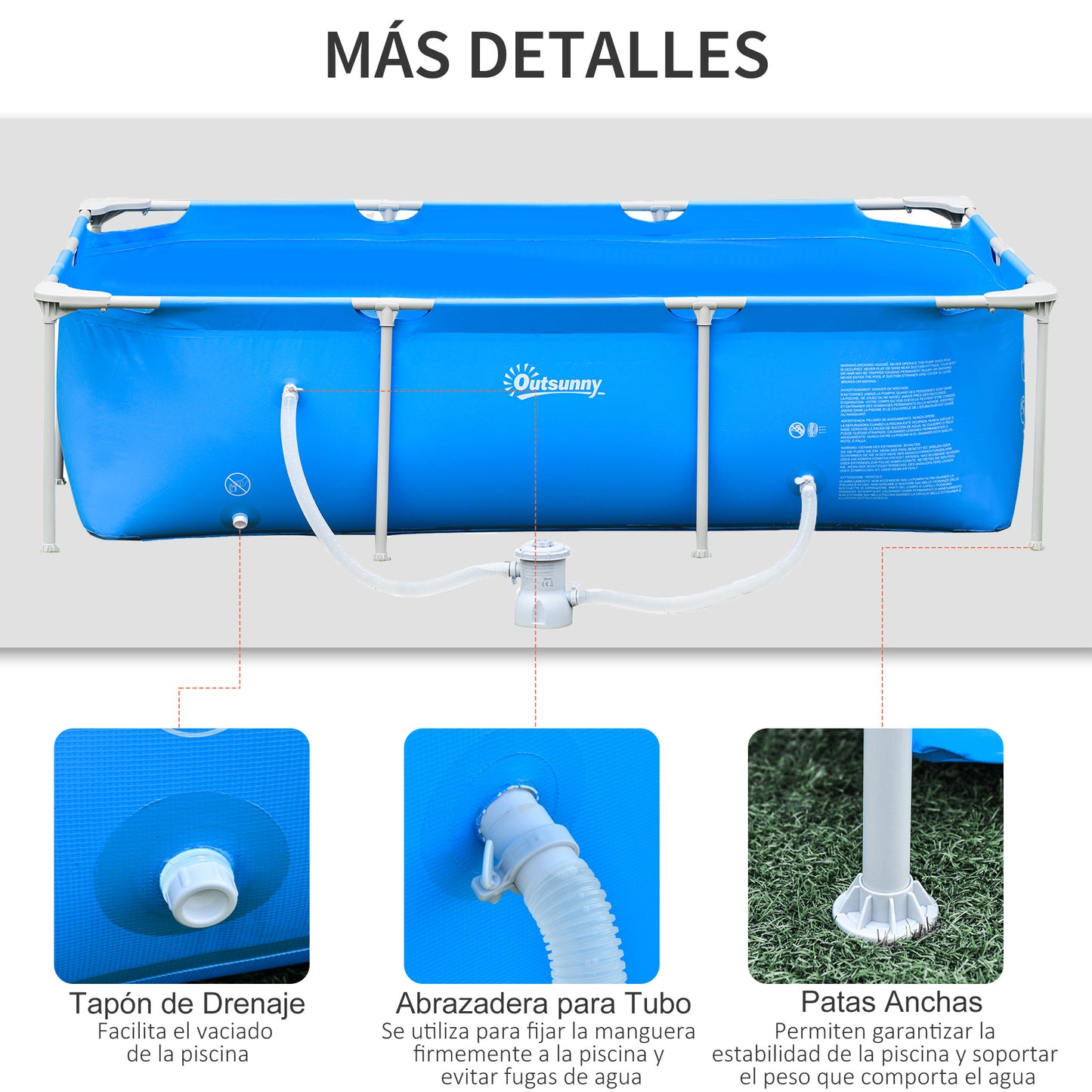 Outsunny Piscina Desmontable Tubular 252x152x65 cm con Depuradora de Cartucho 1200L/H Piscina Rectangular de Exterior para Adultos y Niños 2163L Azul