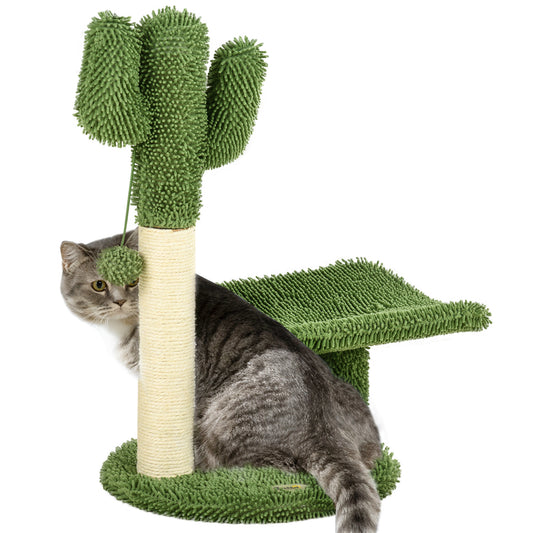 PawHut Árbol Rascador para Gatos de Cactus de 55,5 cm Torre para Gatos de Interior con Postes de Sisal Cama y Bola de Juguete 35x31x55,5 cm Verde