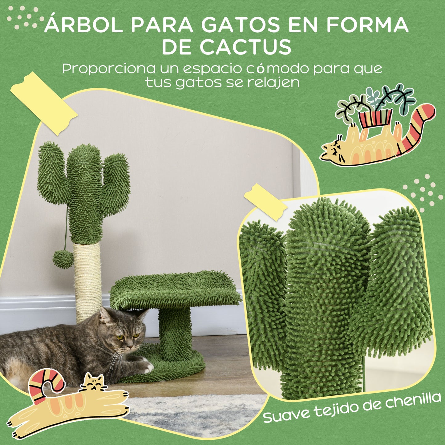 PawHut Árbol Rascador para Gatos de Cactus de 55,5 cm Torre para Gatos de Interior con Postes de Sisal Cama y Bola de Juguete 35x31x55,5 cm Verde