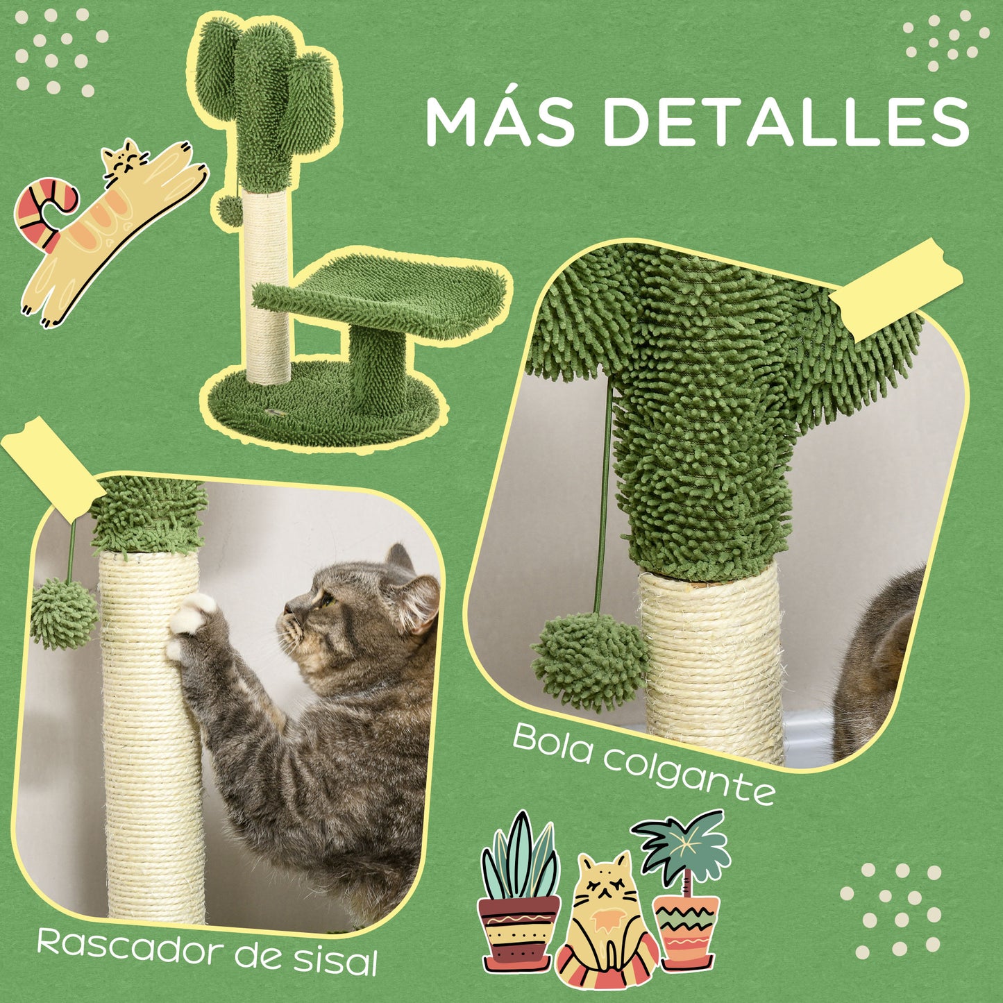 PawHut Árbol Rascador para Gatos de Cactus de 55,5 cm Torre para Gatos de Interior con Postes de Sisal Cama y Bola de Juguete 35x31x55,5 cm Verde