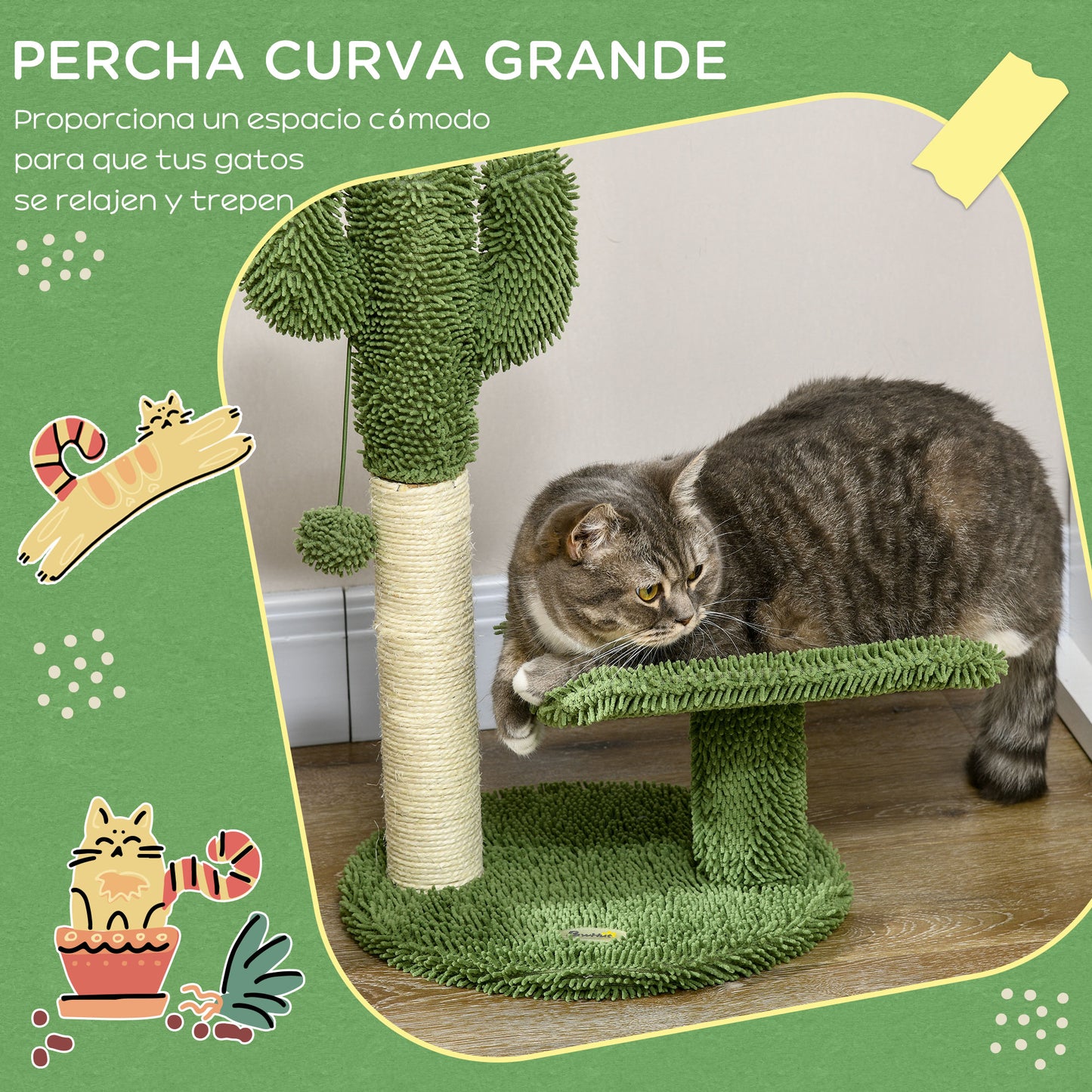 PawHut Árbol Rascador para Gatos de Cactus de 55,5 cm Torre para Gatos de Interior con Postes de Sisal Cama y Bola de Juguete 35x31x55,5 cm Verde