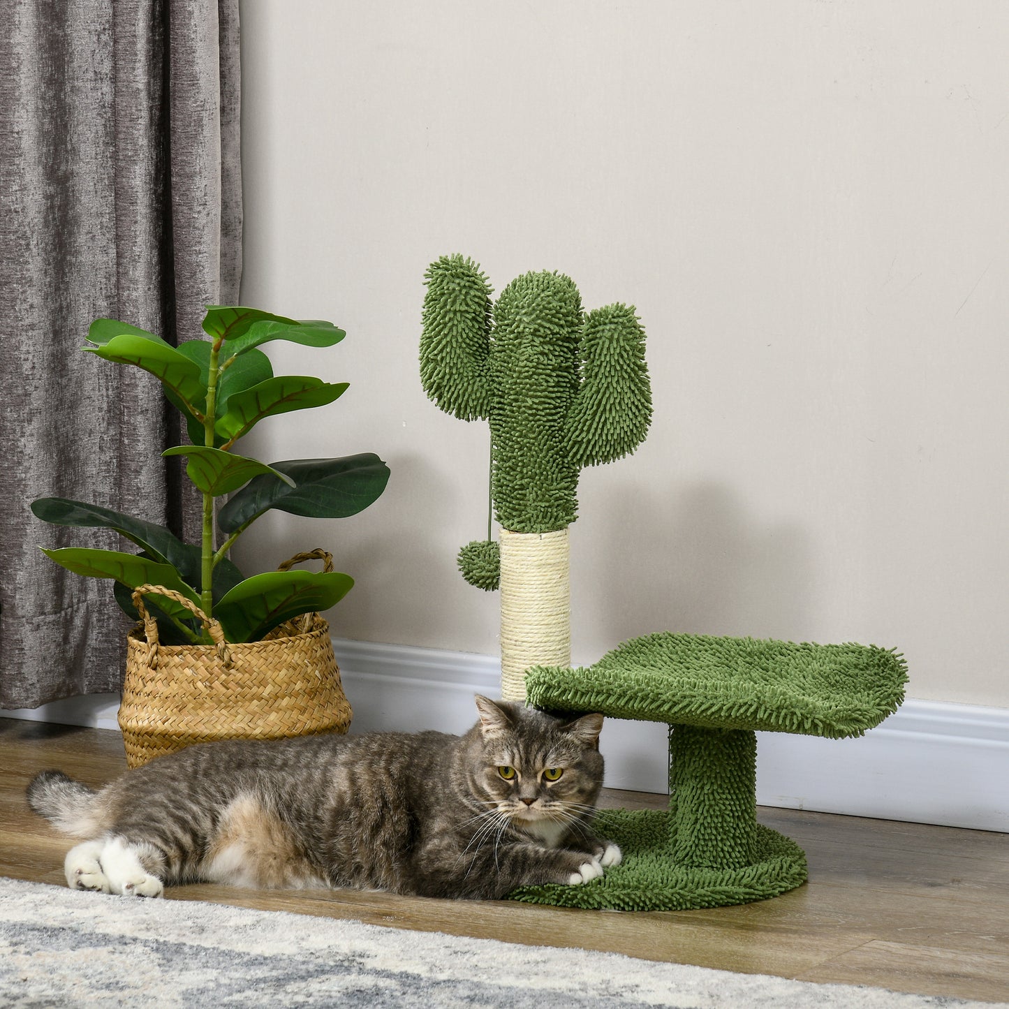 PawHut Árbol Rascador para Gatos de Cactus de 55,5 cm Torre para Gatos de Interior con Postes de Sisal Cama y Bola de Juguete 35x31x55,5 cm Verde