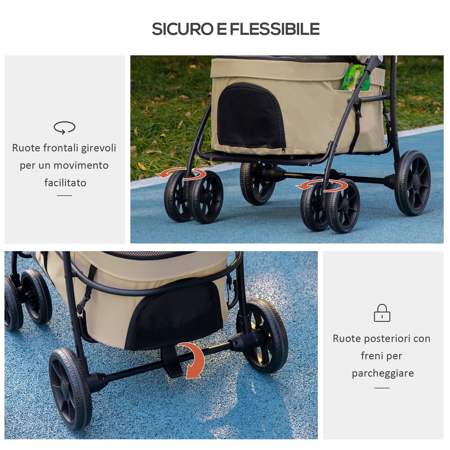 PawHut Carrito para Perros 2 en 1 Cochecito para Perros Pequeños Plegable Cochecito para Mascotas con 2 Correas de Seguridad 2 Bolsillos Laterales Cojín Lavable y Ruedas Universales Caqui