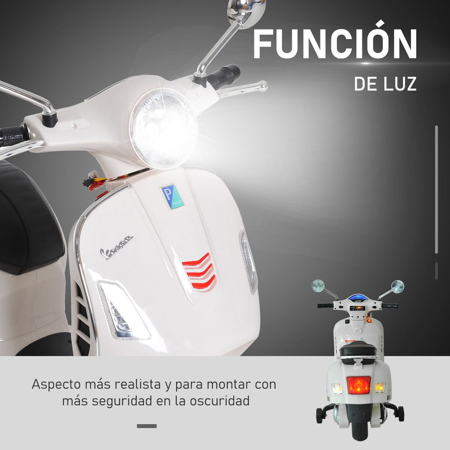 HOMCOM Moto Eléctrica para Niños de 3-6 Años con Licencia VESPA Moto de Batería para Niños con Música Velocidad 2-3 km/h y Bocina Carga 25 kg Blanco