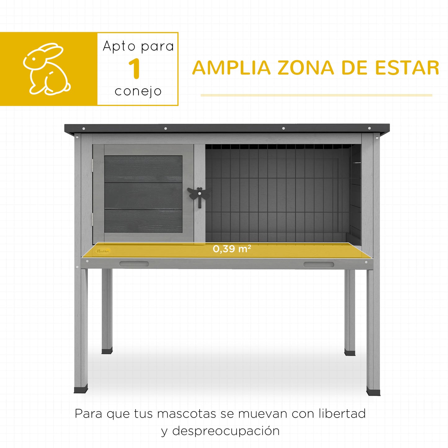 PawHut Conejera de Madera Caseta Exterior Refugio para Mascotas Pequeñas Conejos Cobayas con Bandeja Extraíble y Techo Asfáltico 84x43x70 cm Gris y Negro