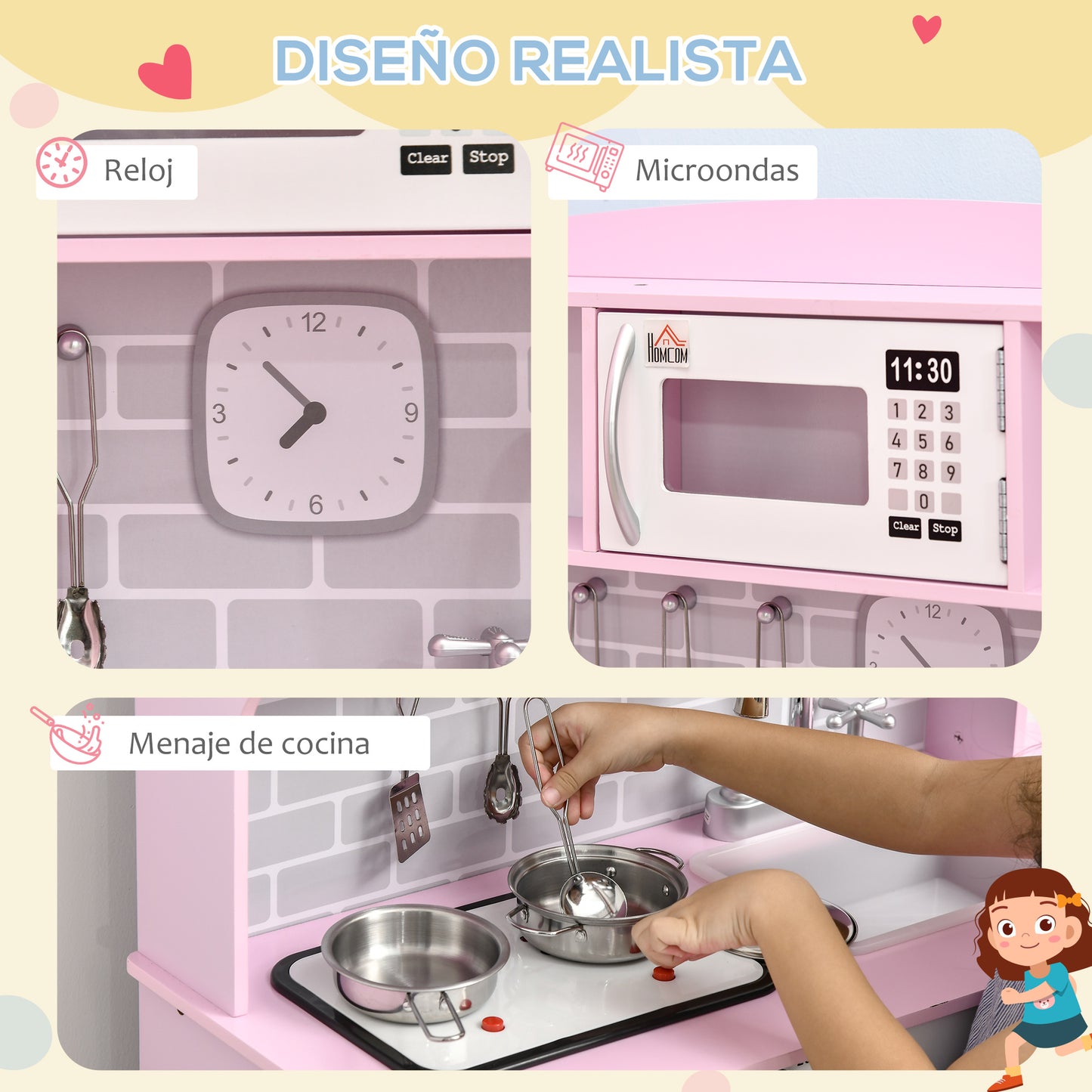 HOMCOM Cocina de Juguete de Madera para Niños de +3 Años Cocinita de Juguete con Luz Sonidos Fregadero Grifo con Agua Placa de Cocina Dispensador de Agua y Horno 70x29x90 cm Rosa