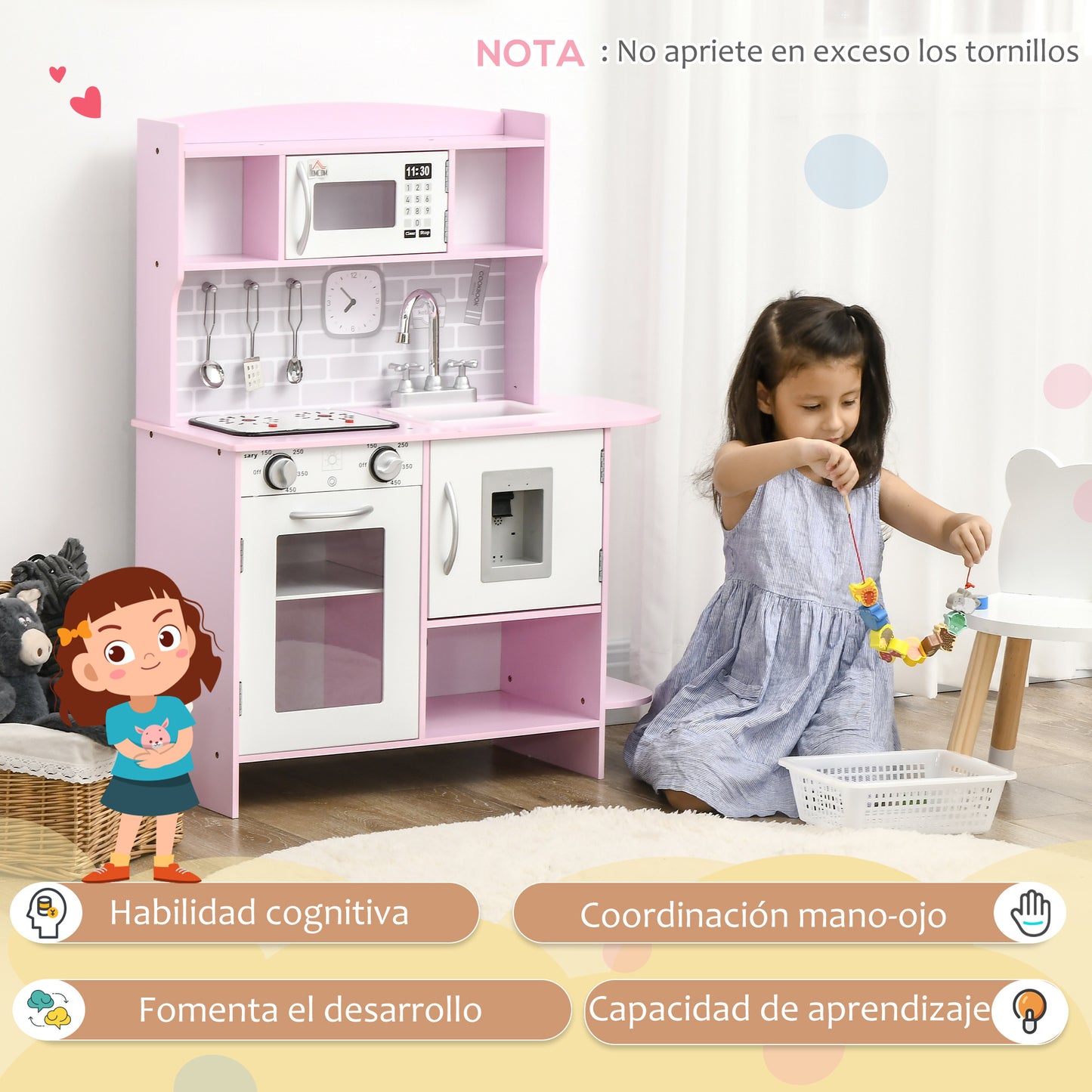 HOMCOM Cocina de Juguete de Madera para Niños de +3 Años Cocinita de Juguete con Luz Sonidos Fregadero Grifo con Agua Placa de Cocina Dispensador de Agua y Horno 70x29x90 cm Rosa