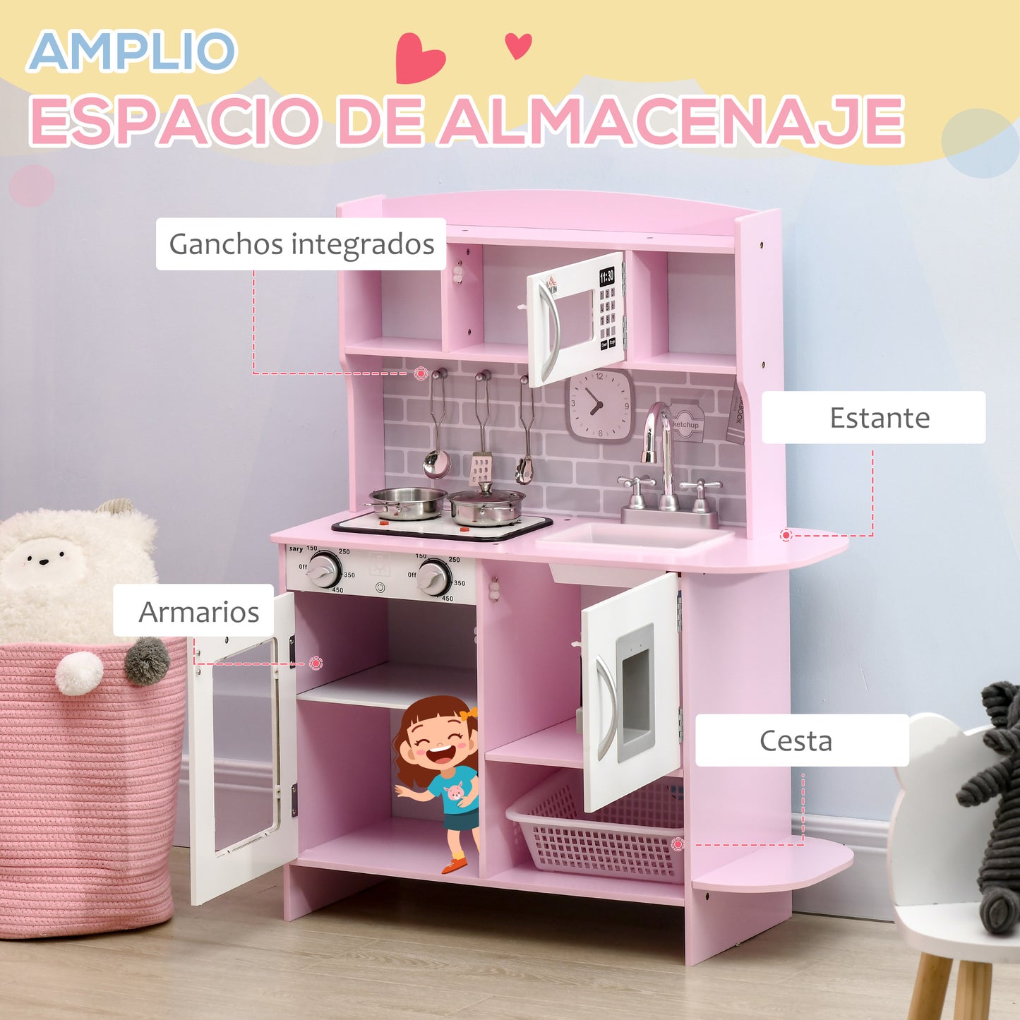 HOMCOM Cocina de Juguete de Madera para Niños de +3 Años Cocinita de Juguete con Luz Sonidos Fregadero Grifo con Agua Placa de Cocina Dispensador de Agua y Horno 70x29x90 cm Rosa