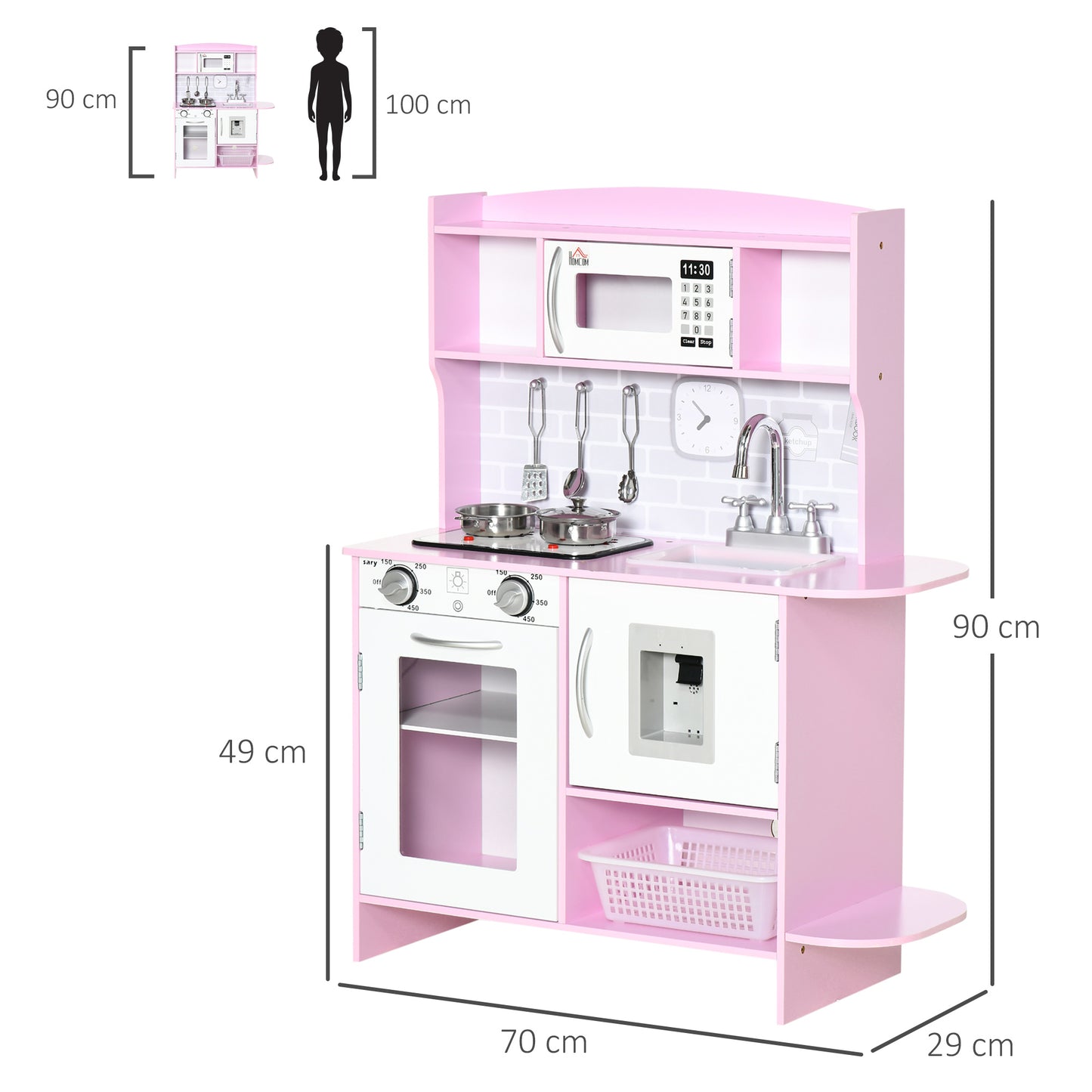 HOMCOM Cocina de Juguete de Madera para Niños de +3 Años Cocinita de Juguete con Luz Sonidos Fregadero Grifo con Agua Placa de Cocina Dispensador de Agua y Horno 70x29x90 cm Rosa