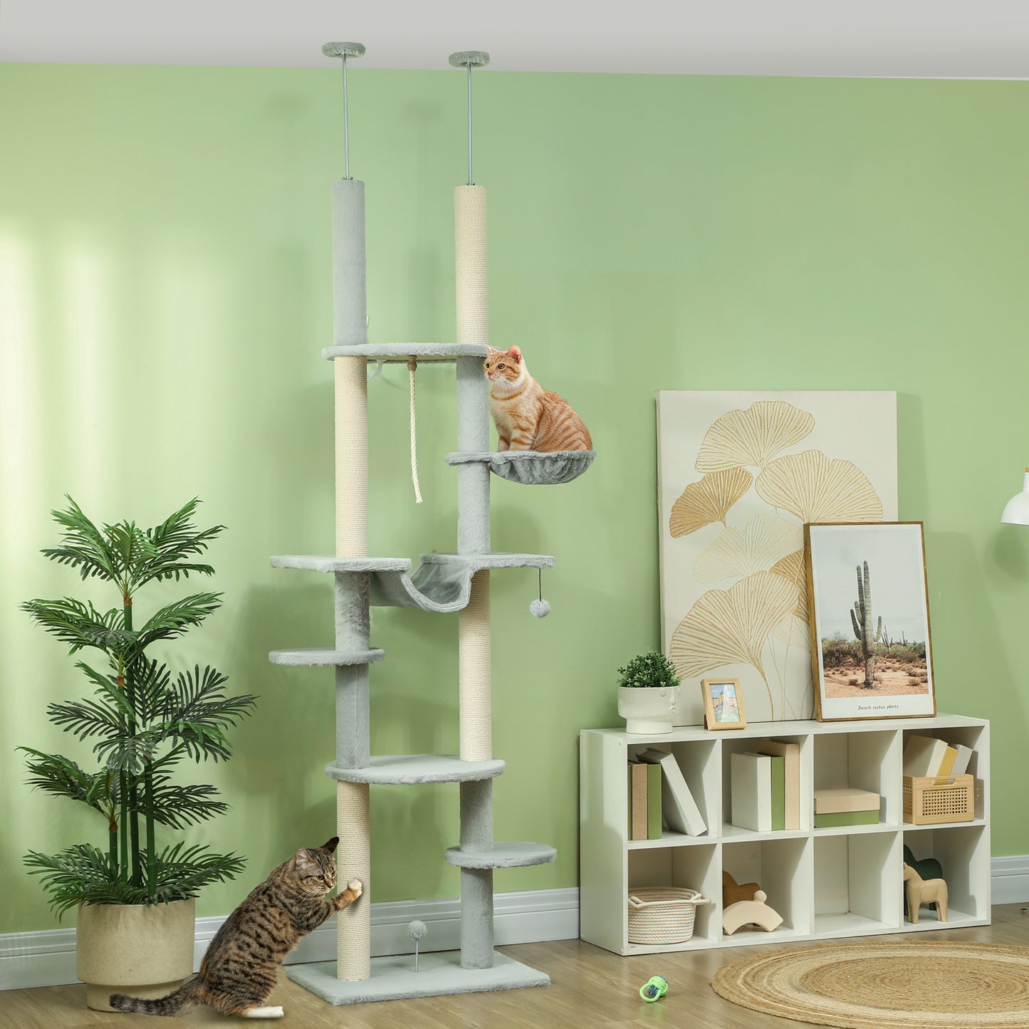 PawHut Árbol para Gatos de Suelo a Techo 225-255 cm Árbol Rascador para Gatos de 7 Niveles Torre para Gatos con Hamacas Plataformas Juguete de Cuerda Bola de Juguete Gris