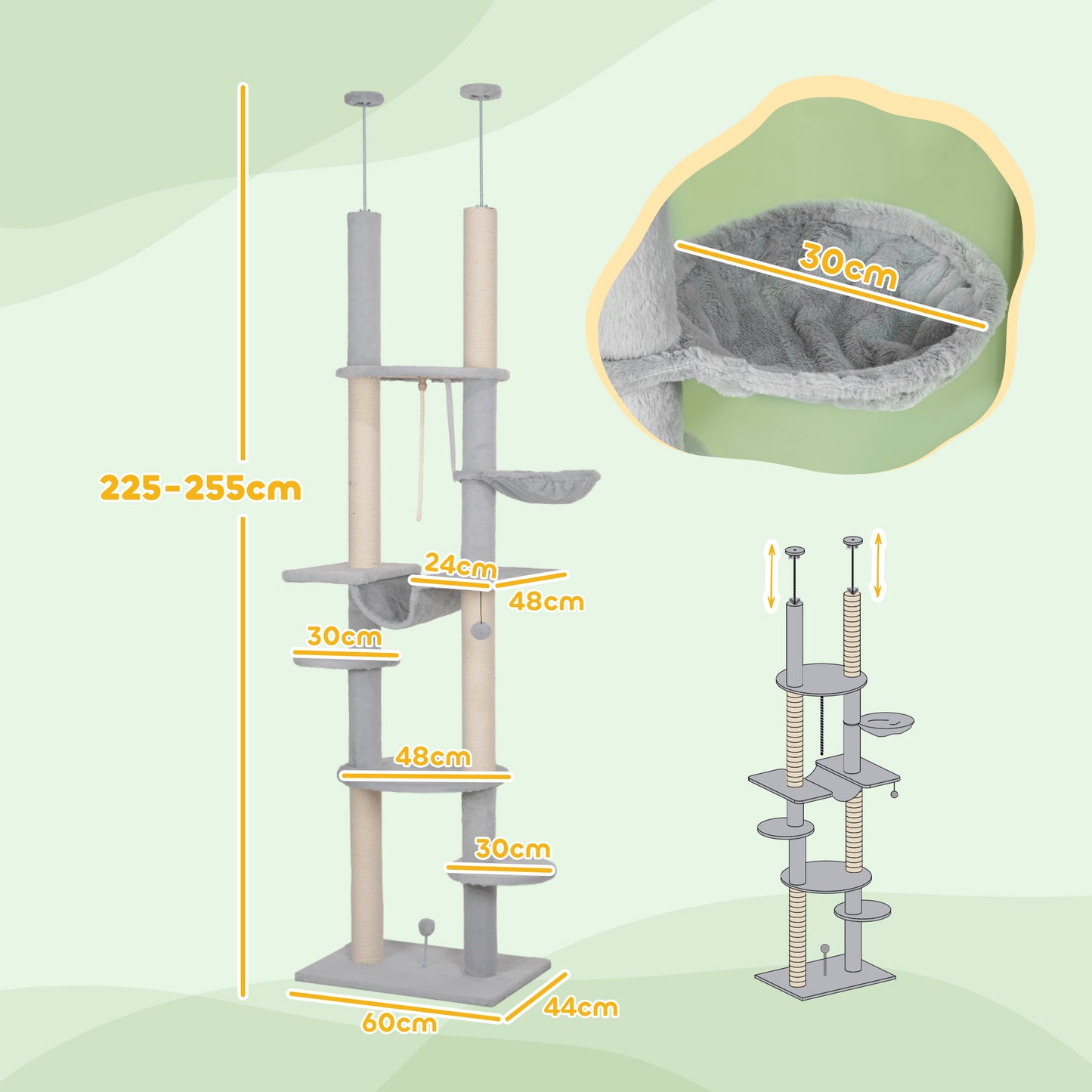 PawHut Árbol para Gatos de Suelo a Techo 225-255 cm Árbol Rascador para Gatos de 7 Niveles Torre para Gatos con Hamacas Plataformas Juguete de Cuerda Bola de Juguete Gris