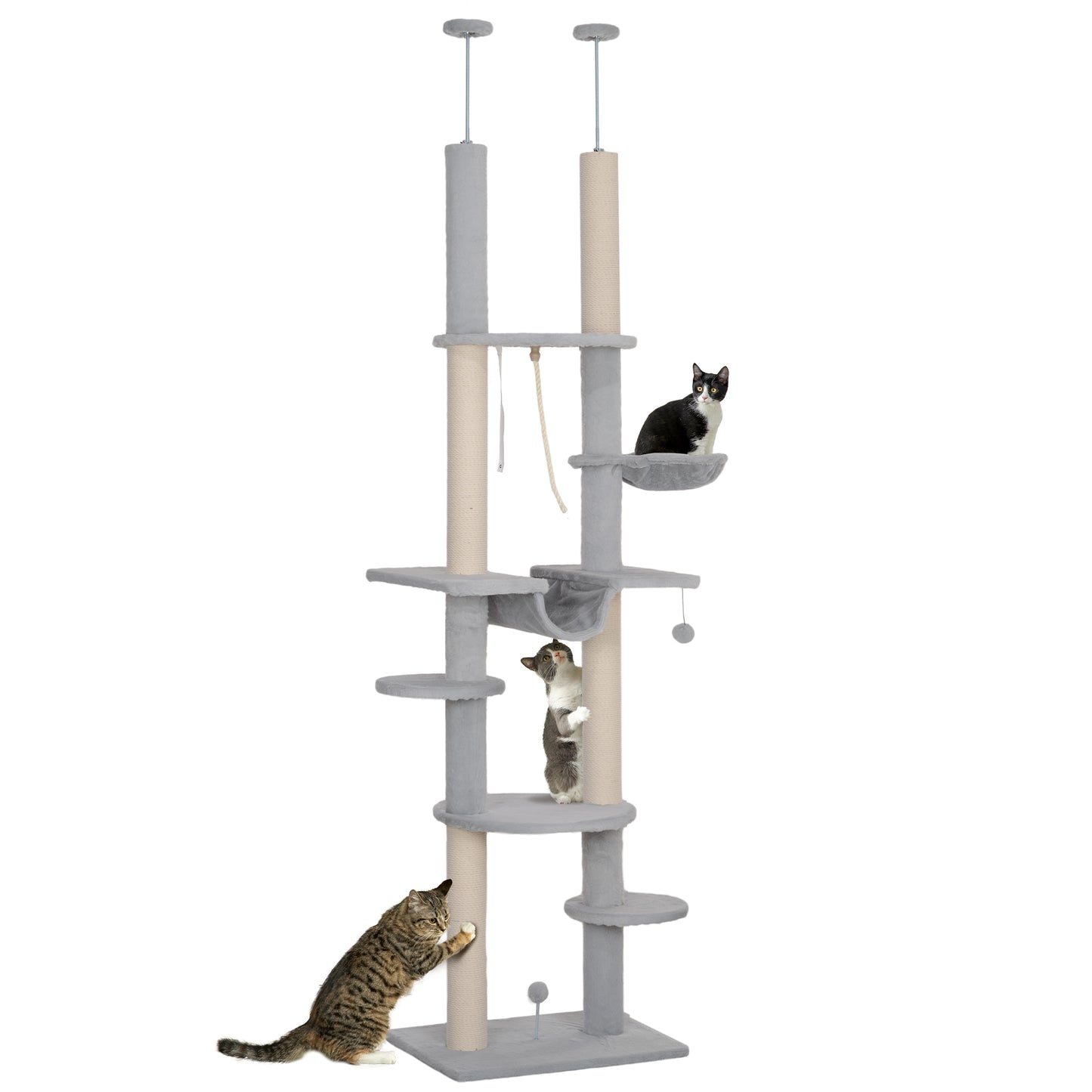 PawHut Árbol para Gatos de Suelo a Techo 225-255 cm Árbol Rascador para Gatos de 7 Niveles Torre para Gatos con Hamacas Plataformas Juguete de Cuerda Bola de Juguete Gris