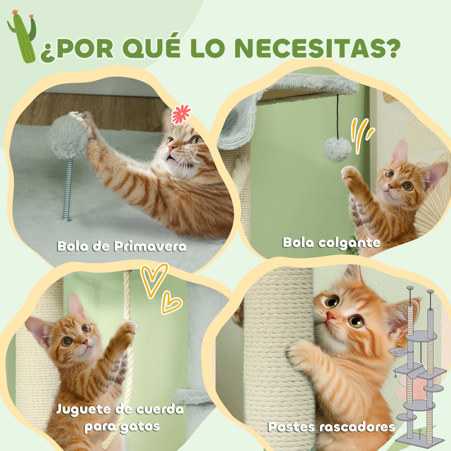 PawHut Árbol para Gatos de Suelo a Techo 225-255 cm Árbol Rascador para Gatos de 7 Niveles Torre para Gatos con Hamacas Plataformas Juguete de Cuerda Bola de Juguete Gris