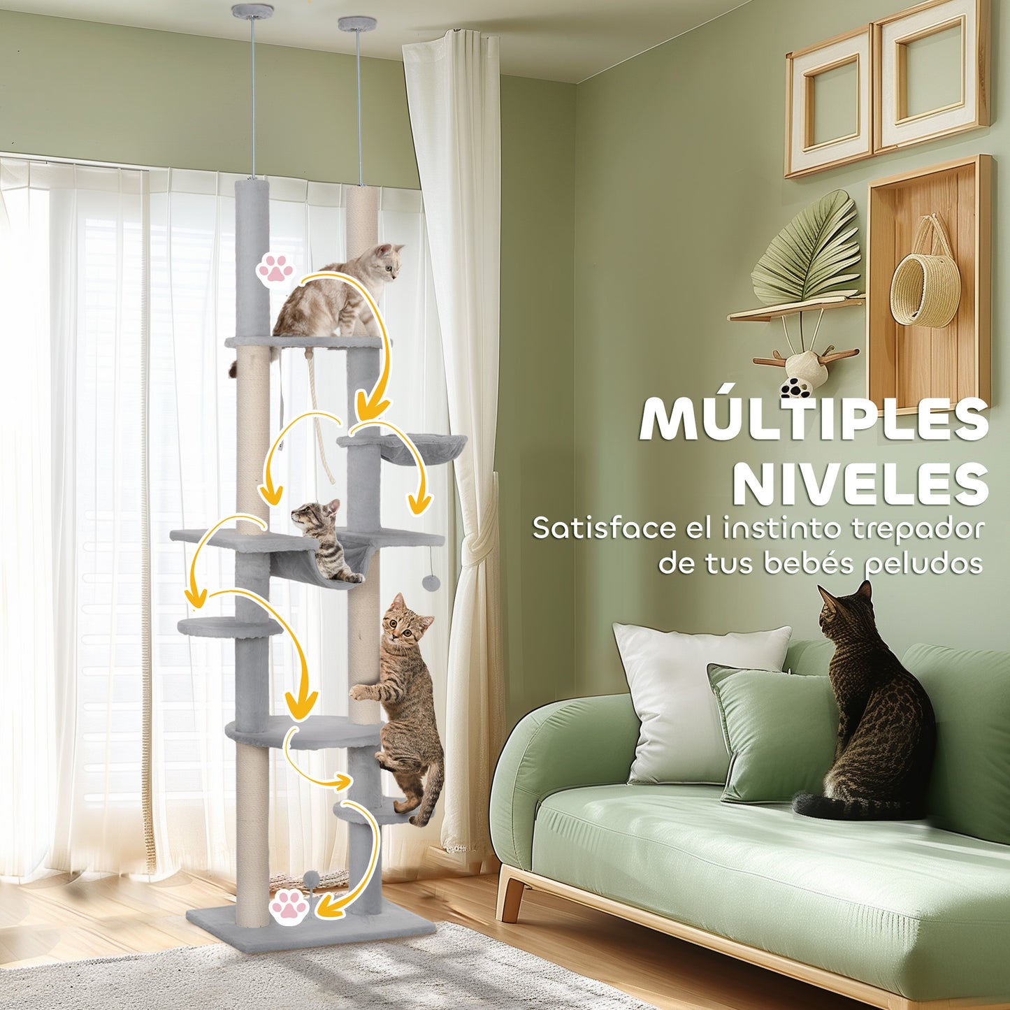 PawHut Árbol para Gatos de Suelo a Techo 225-255 cm Árbol Rascador para Gatos de 7 Niveles Torre para Gatos con Hamacas Plataformas Juguete de Cuerda Bola de Juguete Gris