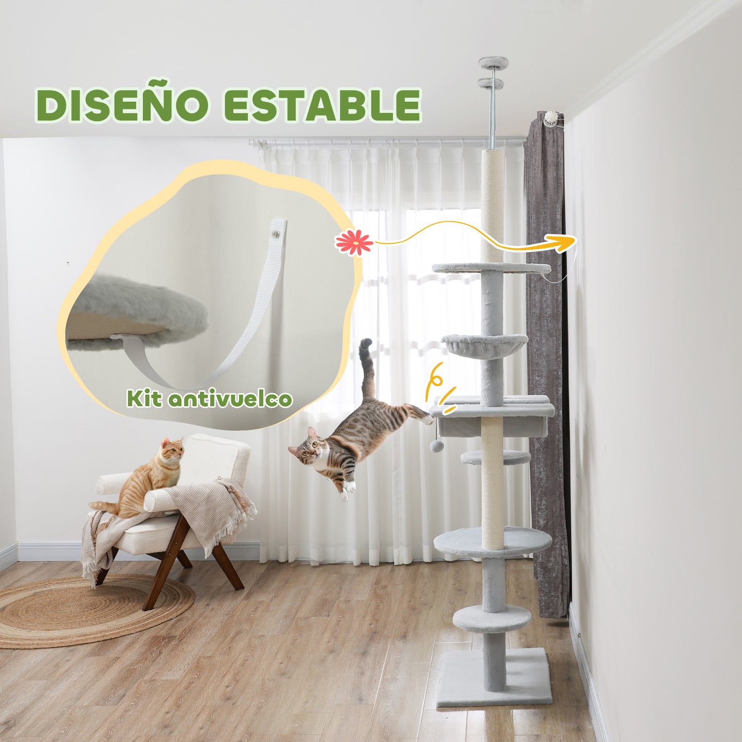 PawHut Árbol para Gatos de Suelo a Techo 225-255 cm Árbol Rascador para Gatos de 7 Niveles Torre para Gatos con Hamacas Plataformas Juguete de Cuerda Bola de Juguete Gris