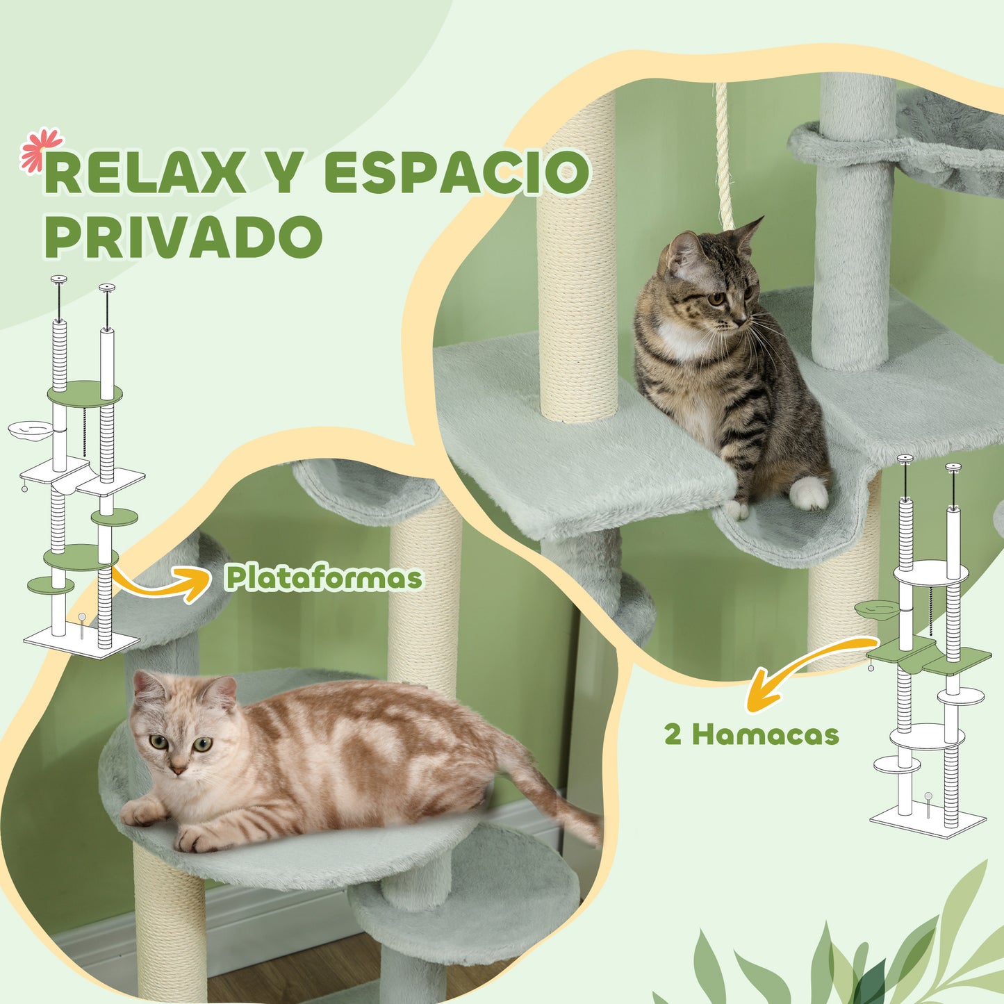 PawHut Árbol para Gatos de Suelo a Techo 225-255 cm Árbol Rascador para Gatos de 7 Niveles Torre para Gatos con Hamacas Plataformas Juguete de Cuerda Bola de Juguete Gris